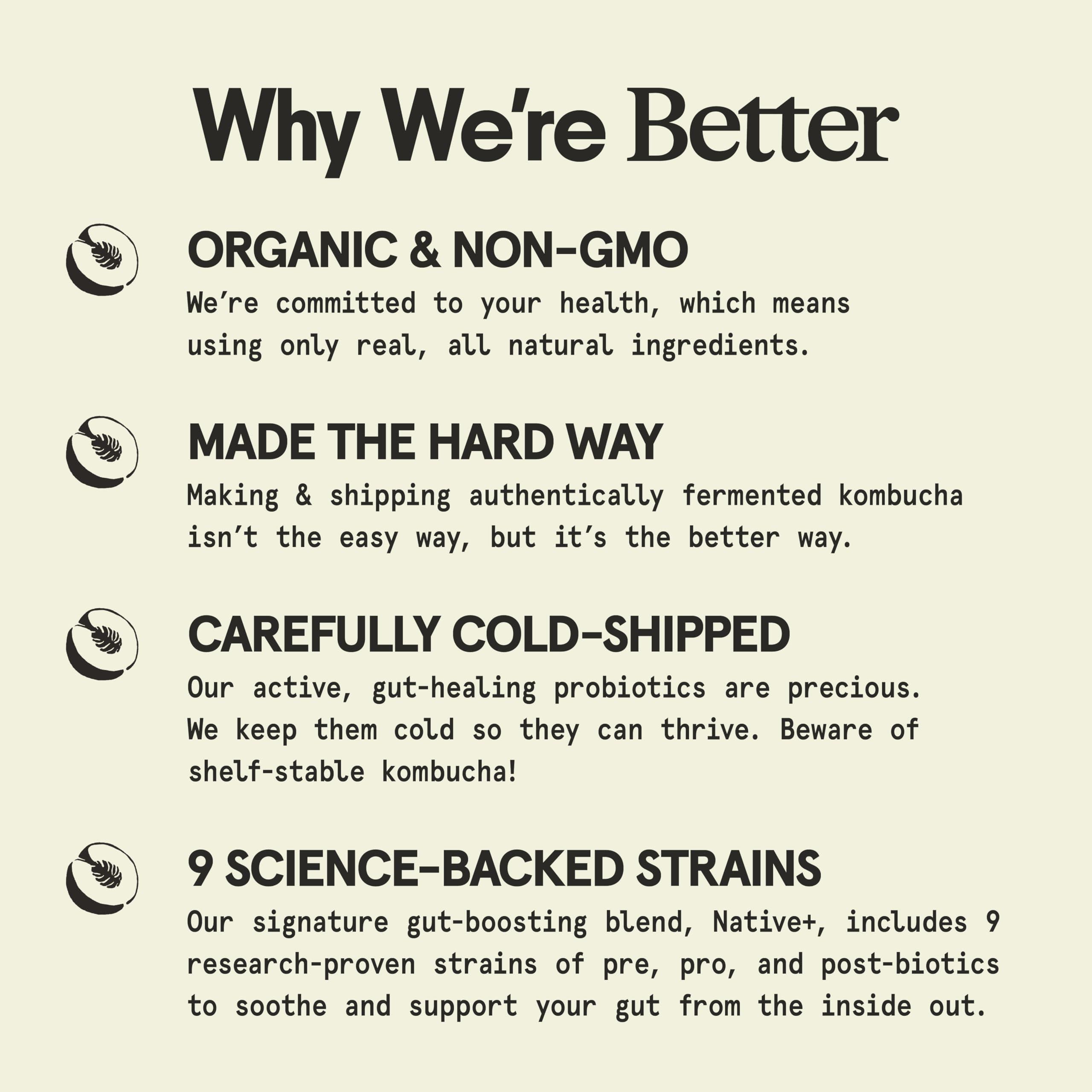 Better Booch Better Booch Organic Kombucha - Probiotic & Antioxidant Rich Raw Sparkling Tea - Low Sugar, Vegan, Gluten Free - Gut Healthy Active Cultures, 12 Fl Oz Cans, 12-Pack (All the Faves)