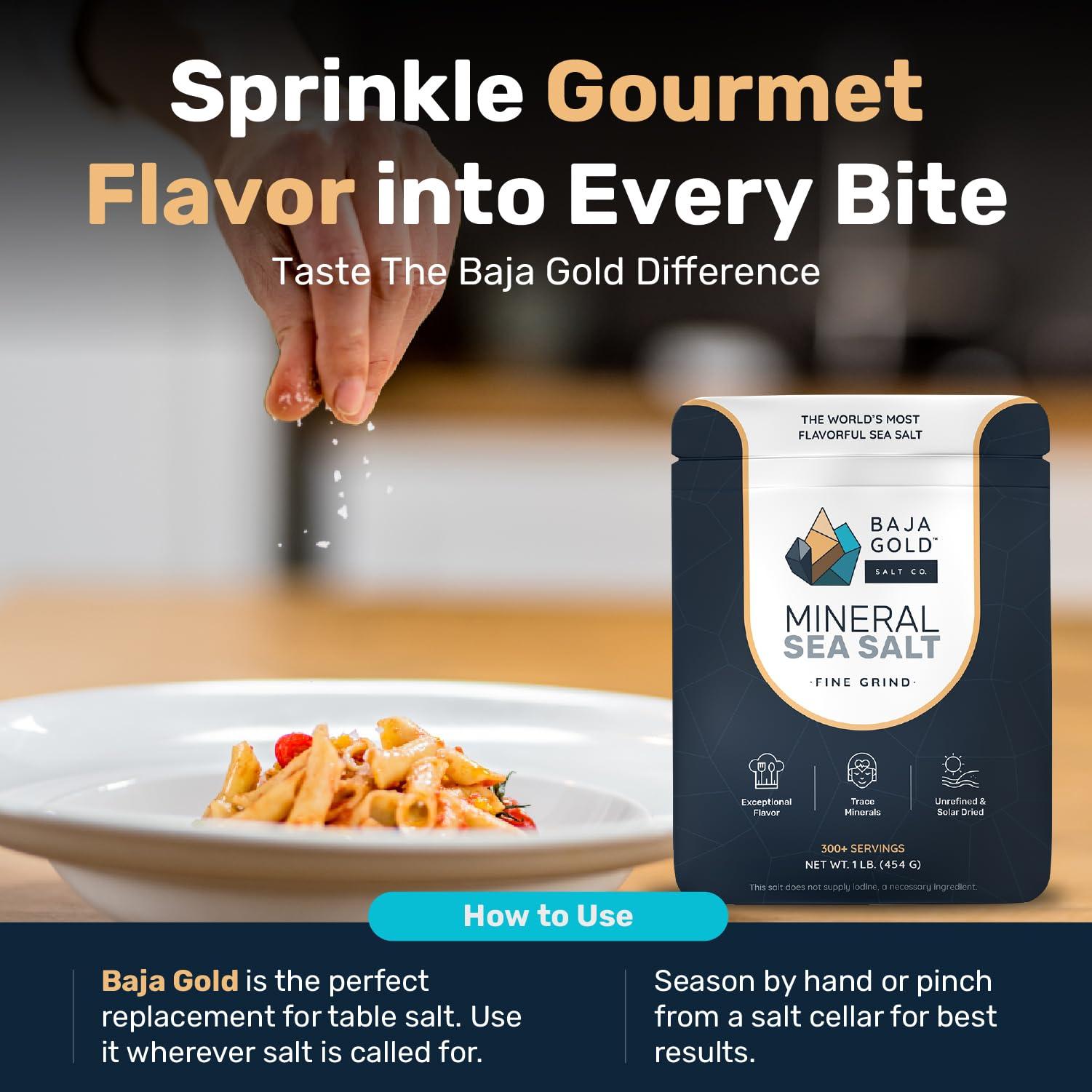 Baja Gold Baja Gold Mineral Sea Salt - Pure & Organic Authentic Salt for Cooking & Baking | Fine Grind Sea Salt - Low Sodium | Natural Baja Salt - Ideal for All Culinary Uses | 1 lb. Resealable Bag, 300+ Servings
