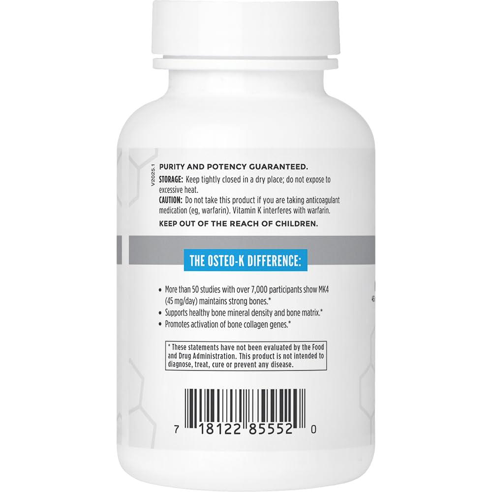 NBI NBI Osteo-K Bone Support | Vitamin D & K Complex with Calcium Citrate Supplement | 45mg Vitamin K2 (MK4) for Strong Bone Health & Function | 180ct Veggie Capsules