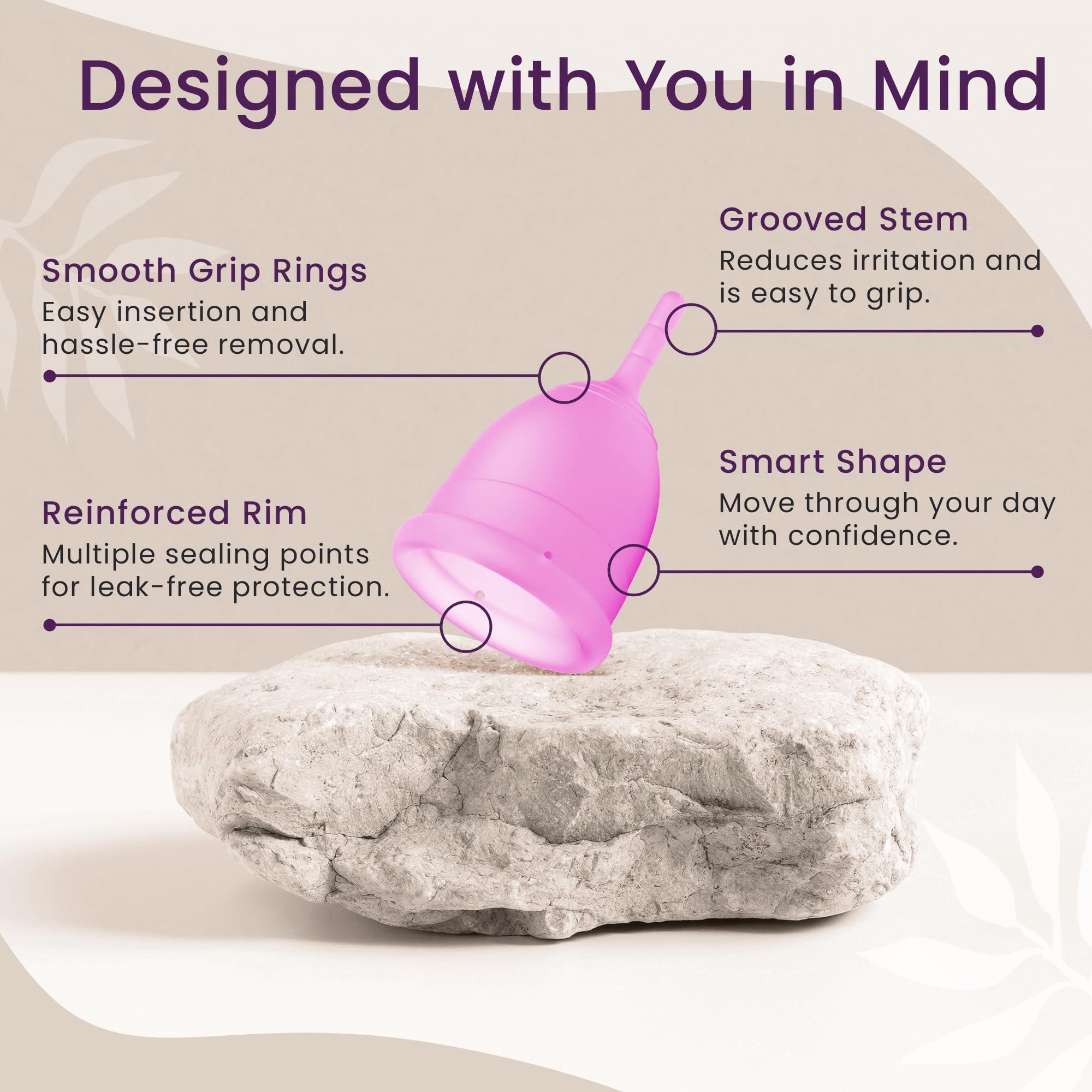 EcoBlossom EcoBlossom Menstrual Cup Kit - Tampon, Pad, and Disc Alternative Product - Wear for 12 Hours - Reusable Period Cup/Copa Designed with Soft Flexible Medical-Grade Silicone (Small & Large)