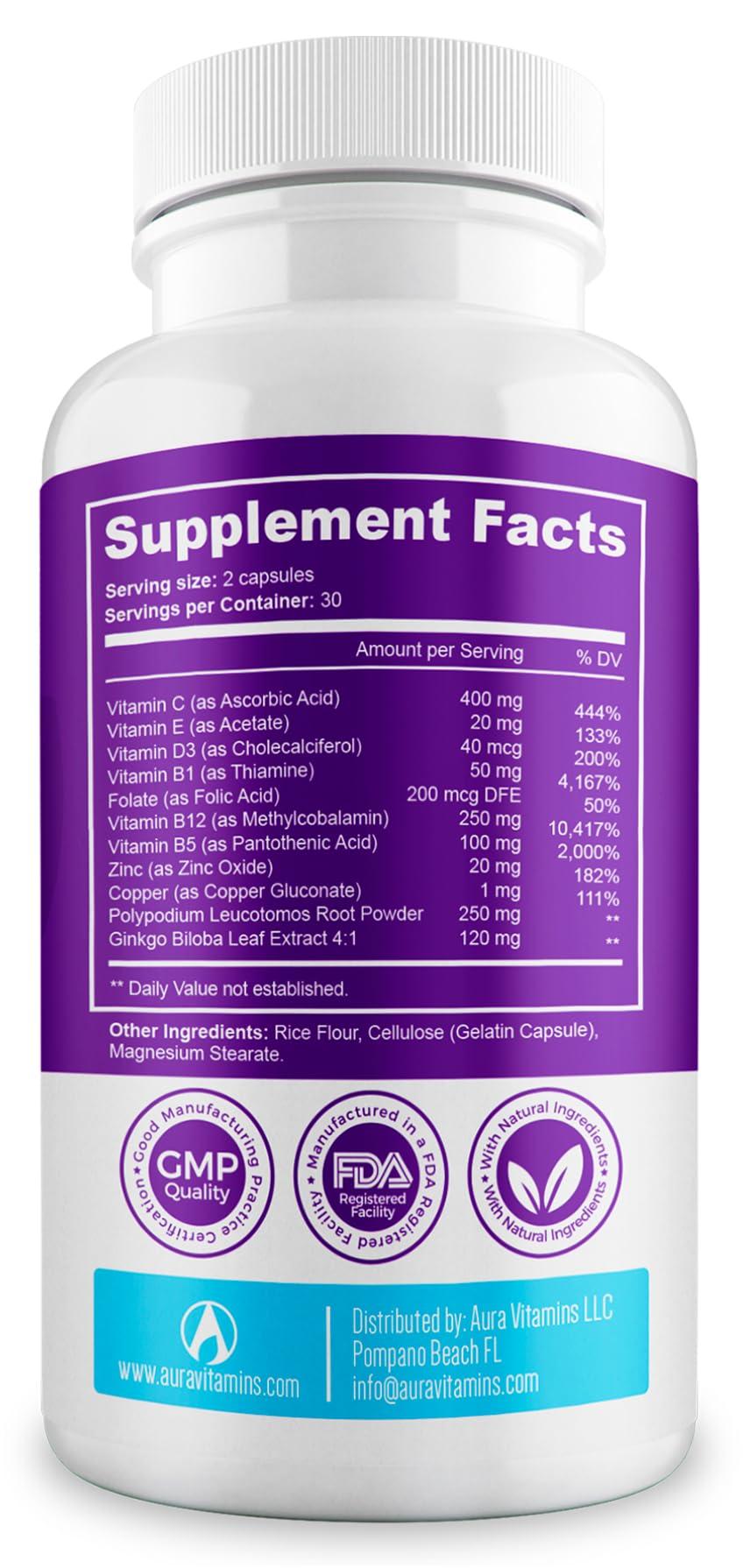 AURA VITAMINS AURA VITAMINS - Vitiligo Capsules 60 Count | 1 Month | Improve Skin Pigmentation Support and Reduce White Spots | Effective Vitiligo Supplement | Natural Solution for White Spots on Skin. (1)