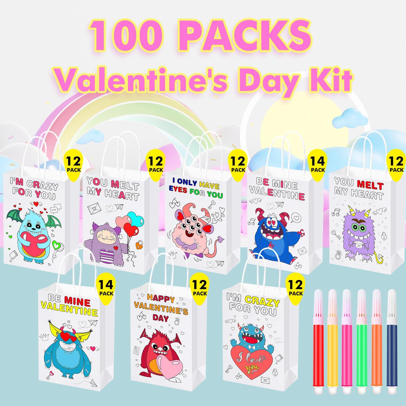 Resurhang Resurhang 100 Pcs Valentines Day Paper Gift Bags with Handle DIY Color Your Own Valentine Bags with Watercolor Pens Valentines Day Goodie Bags for Kids Party Favors Classroom Exchange Gift