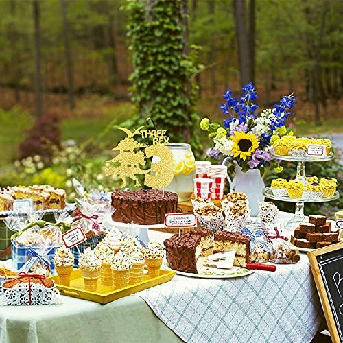 ZHUOWEISM 1 PCS Three Rex Birthday Cake Topper with Glitter Dinosaur 3rd Birthday Cake Pick Baby Shower 3rd Birthday Dinosaur Theme Party Decorations Supplies Gold