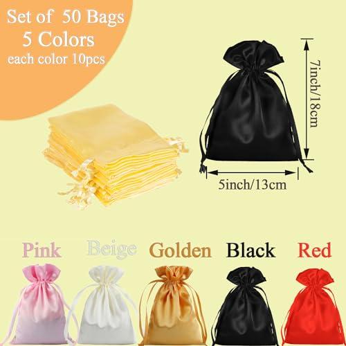 AKLVBL AKLVBL Satin Bags with Drawstring,Multicolored Silk Gift Bags with Drawstring,50 Pieces Small Jewelry Bags Drawstring,Wedding Favor Bags,5X7 Inches Small Drawstring Pouch