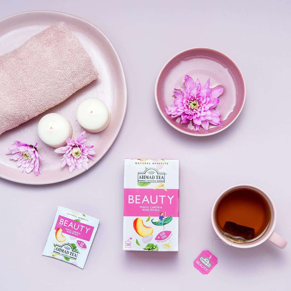 Ahmad Tea Ahmad Tea Herbal Tea, Peach, Carob, and Rose Petals \'Beauty\' Natural Benefits Teabags, 20 ct (Pack of 1) - Decaffeinated & Sugar-Free