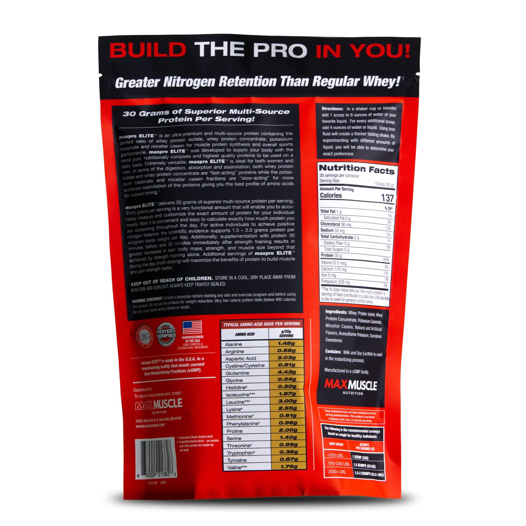 Max Muscle Max Muscle Maxpro Elite Whey Protein Powder | 30g Protein | 0g Sugar | 6.6g BCAAs | Micellar Casein Cold Filtered Whey Isolate Protein | Promotes Muscle Growth & Recovery (Strawberry Banana, 2lb)