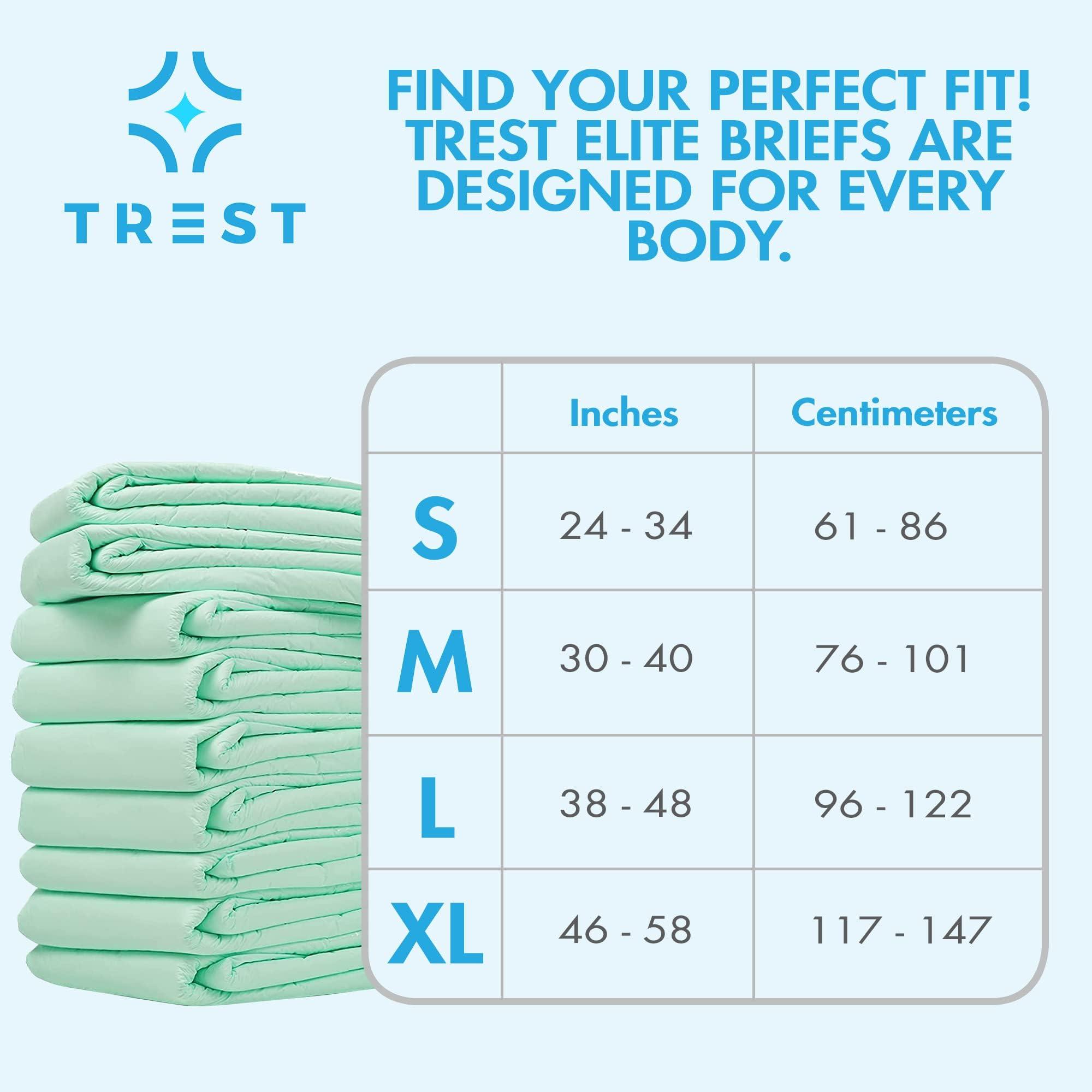 Trest TREST Elite Briefs for Men and Women, Overnight Diapers for Incontinence, Elite Absorbency, Comfortable, Odor Neutralizing and Secure Fit with 2 Wide Tabs - Green, Medium (Pack of 10)