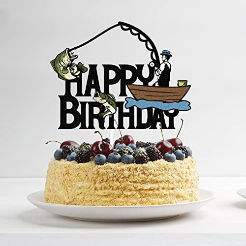 Caiwowo Gone Fishing Happy Birthday Cake Topper - Happy Retirement 50th 60th Birthday Party Glitter Cake Topper For Men - Happy Father's Day Fishing Themed Party Decorations