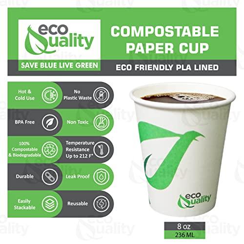 EcoQuality 8 oz Compostable Paper Cups - Biodegradable Disposable White Paper Coffee Cups PLA Lined - Eco-friendly Hot and Cold Drinking Cups for Travel, Picnic, Party and Events (300)