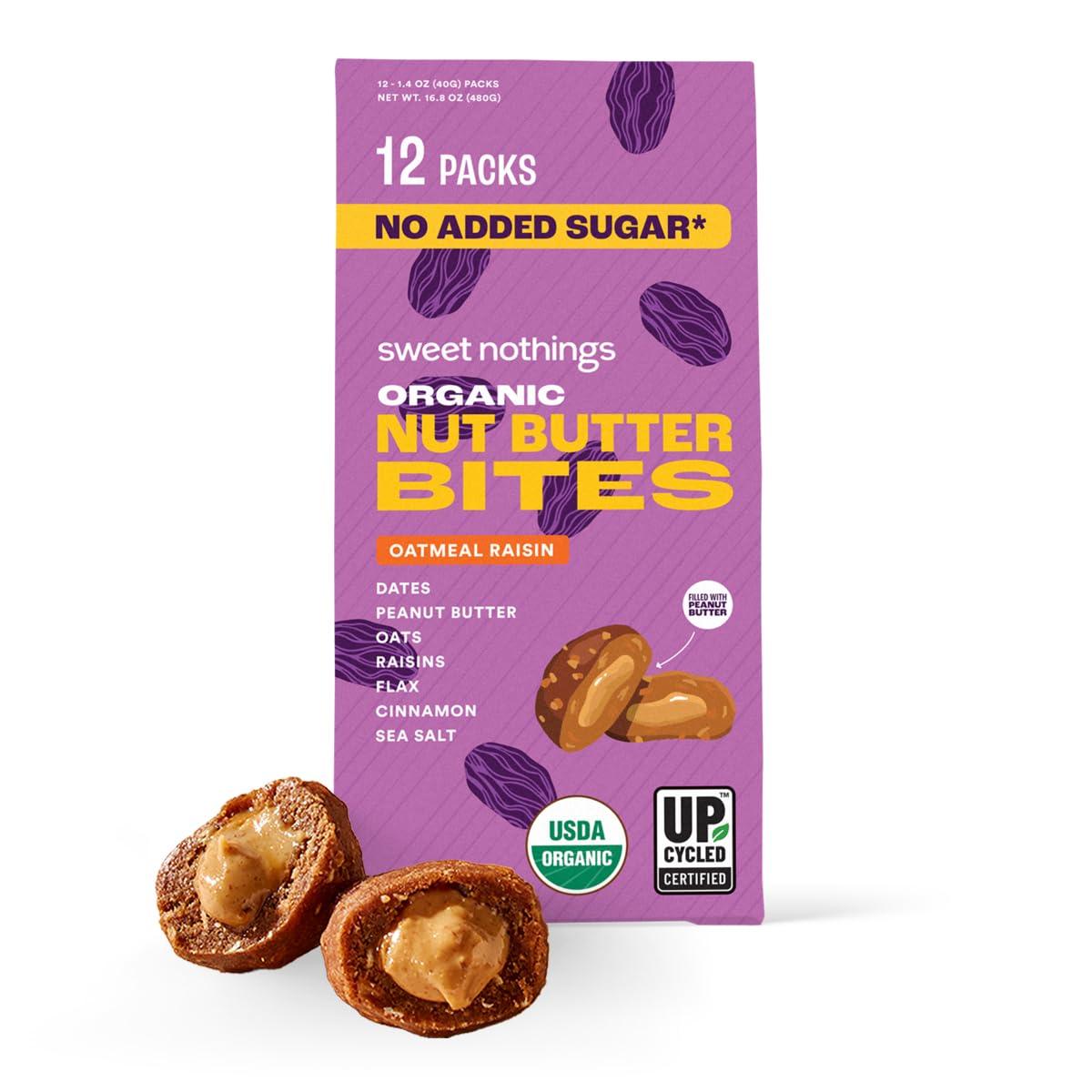 Sweet Nothings Sweet Nothings, Oatmeal Raisin, USDA Organic Nut Butter Bites Protein Bar, Nut & Date Snack, Filled with Peanut Butter, 12-2 Bite Value Packs - No Added Sugar, Plant Based, Vegan, Only 7 Ingredients