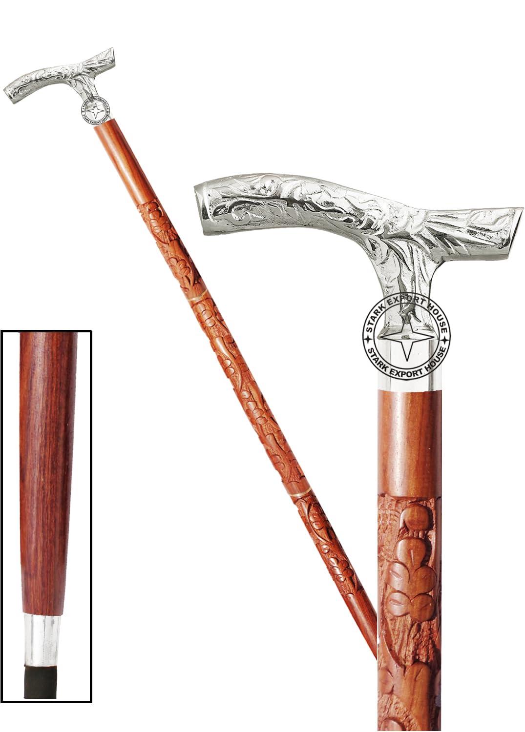 Stark Export House Walking Cane Rosewood Designer Wooden Walking Stick with Nickel Brass Handle Gift for Men and Women 37 inch Brown HQMR
