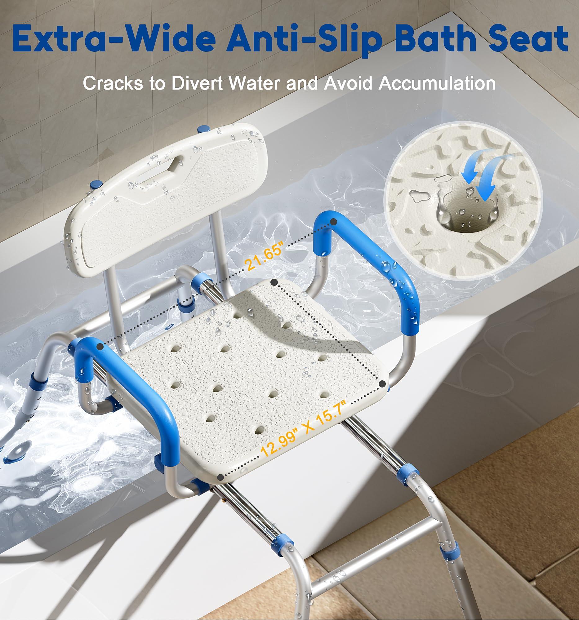 Bluelog Bluelog FSA/HSA Eligible Sliding Shower Chair with Extra-Wide 360 Swivel Seat, 330lbs Tub Transfer Bench, Non-Slip & Padded Arms, Adjustable Height for Elderly & Disabled Inside Shower, Rectangular