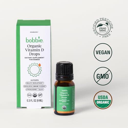 Bobbie Bobbie Organic Baby Vitamin D Drops, Daily Liquid Supplement to Support Development, Immune Health and Strong Teeth and Bones* in Newborn Babies and Infants, Vegan, Infant Vitamin D, 400 IU, 0.3 fl oz