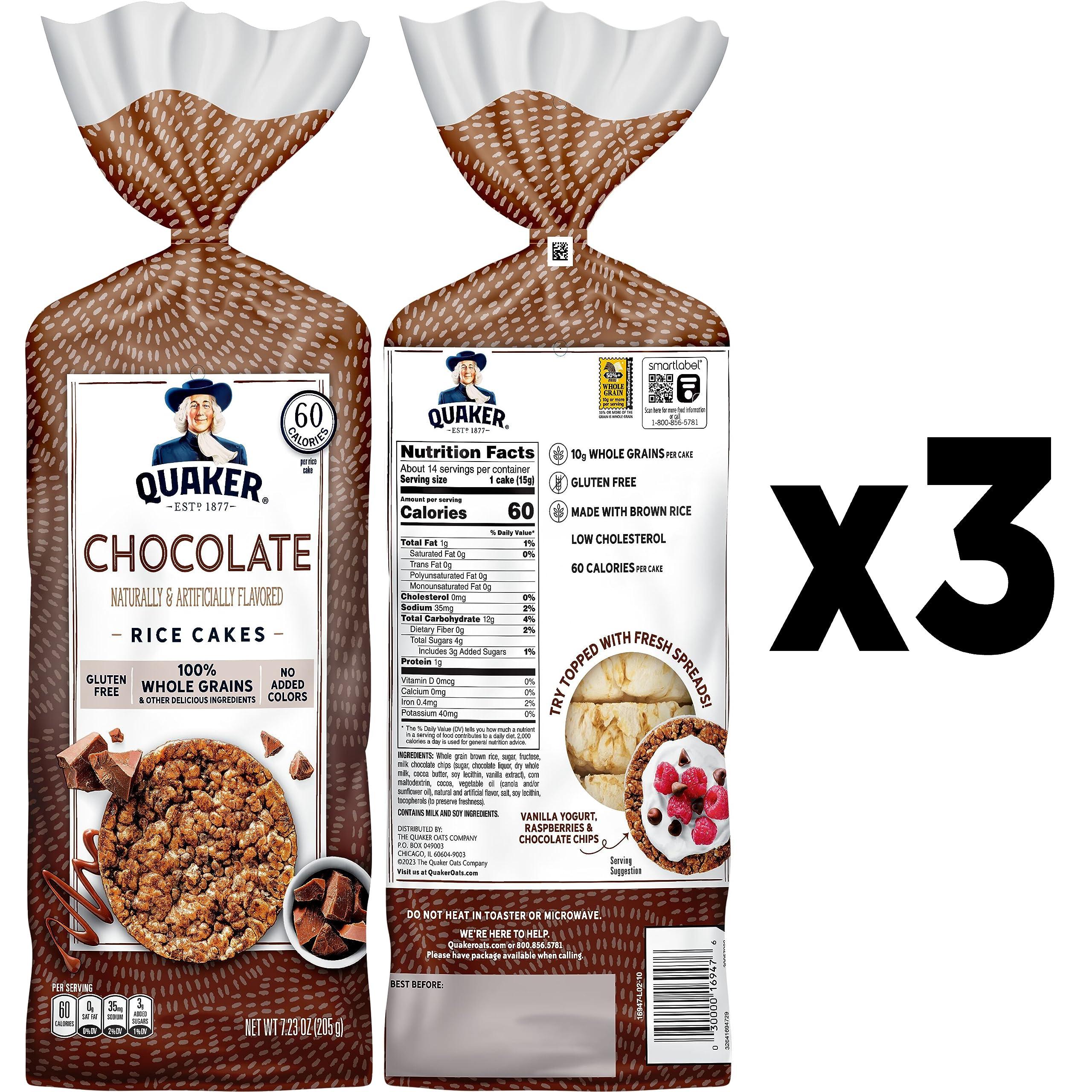 Quaker Quaker Large Rice Cakes, Chocolate, 7.23 oz Bags, (3 Pack), Gluten Free, Whole Grain, No Added Colors