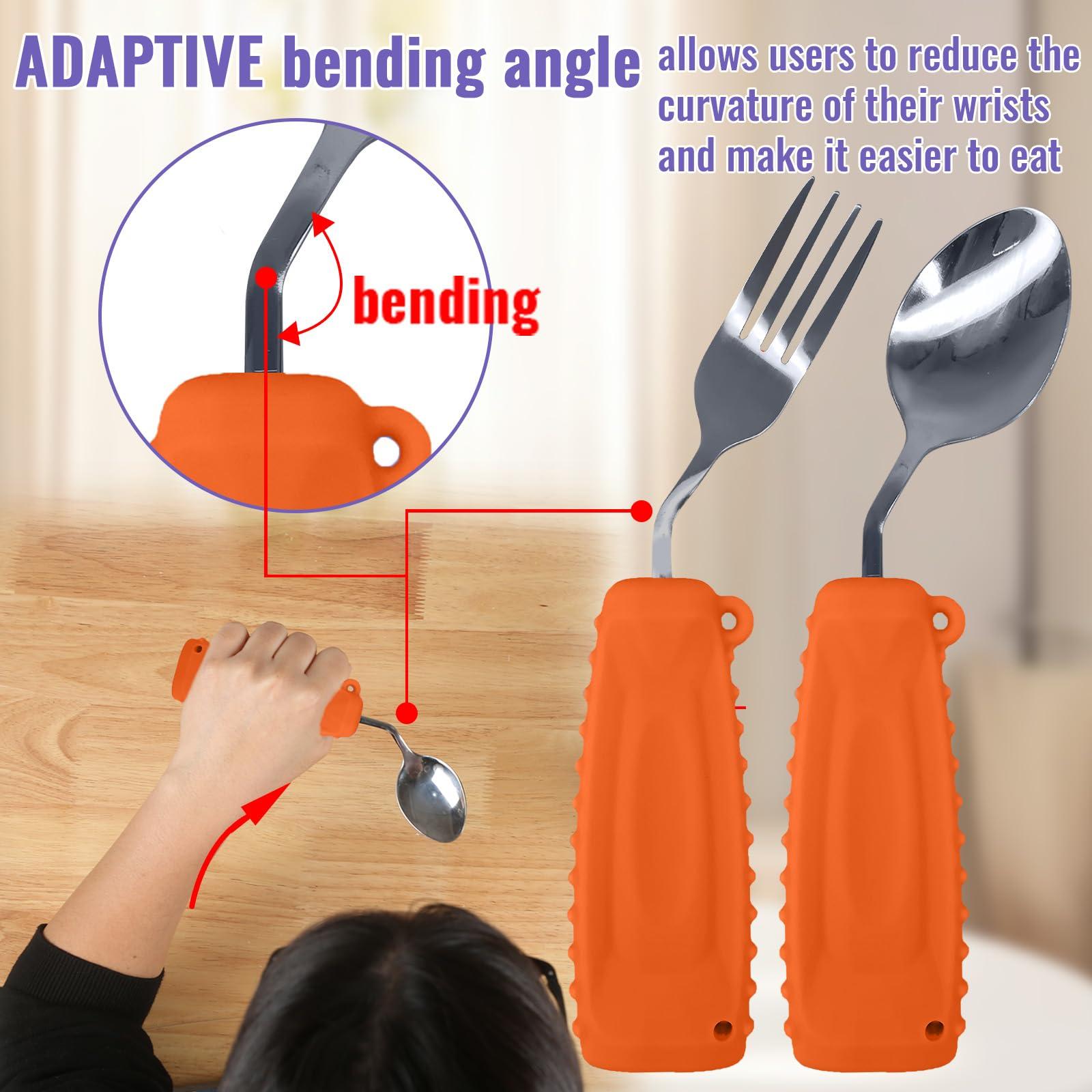 Ehucon Ehucon Adaptive Utensils,Weighted Angled Silverware,Parkinsons Aids,Angled Silverware Spoon and Fork Set for Elderly, Arthritis, Dementia, Disable, Handicapped Hands (Left Hand,Pack of 2,Orange)