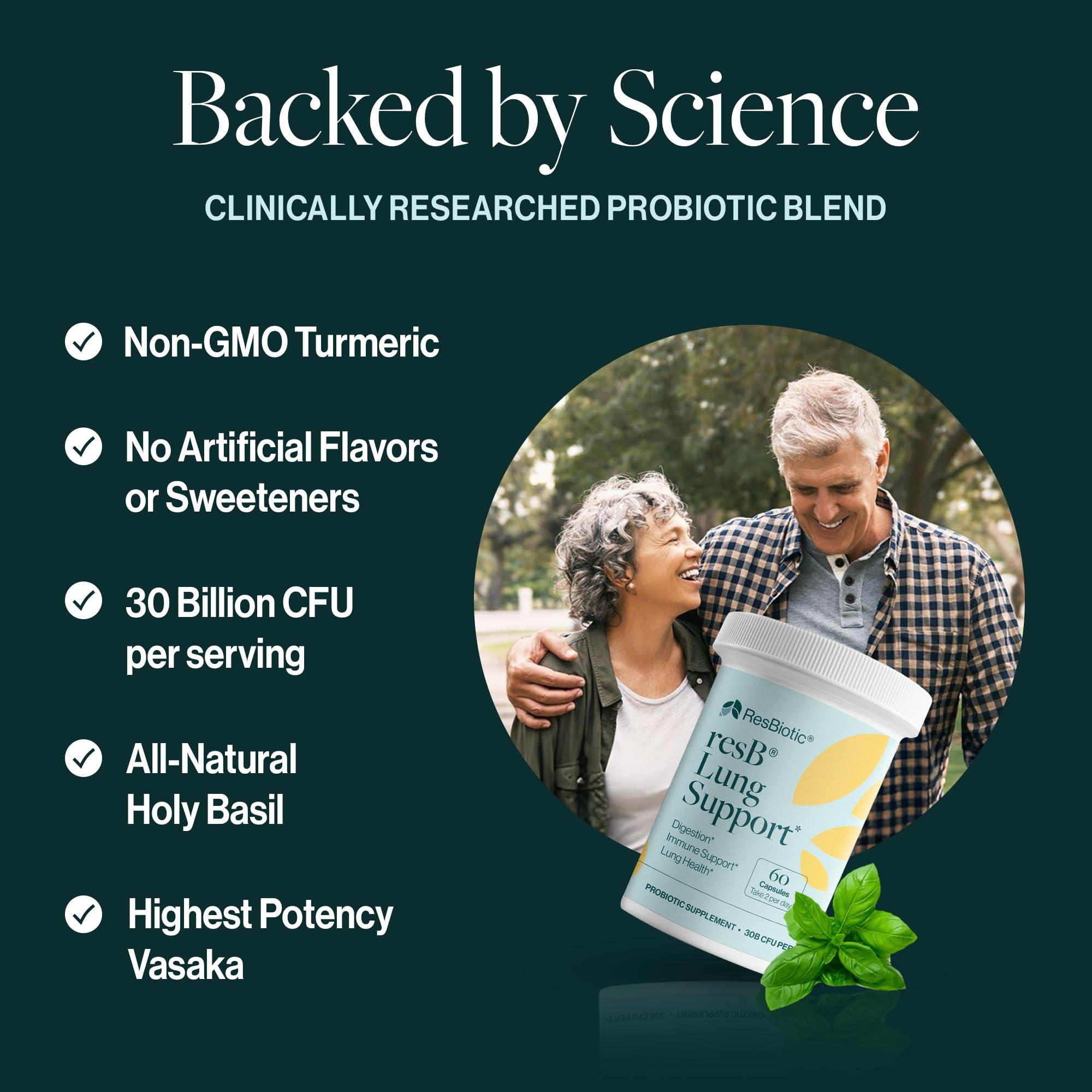 ResBiotic resbiotic resB Lung Support Probiotic Supplement - Lung Health Supplement for Smokers, Gut Health, Immune & Digestive Support, Respiratory Care, Holy Basil & Turmeric, Clinically Trialed - 60 Capsules
