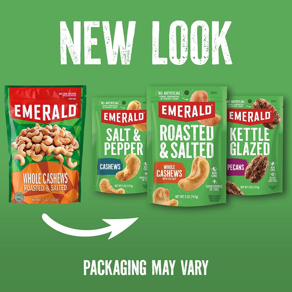 Emerald Emerald Nuts Salt and Pepper Seasoned Cashews (1-Pack), 5oz Resealable Bag, Kosher Certified, Non-GMO, Contains No Artificial Preservatives, Flavors or Synthetic Colors