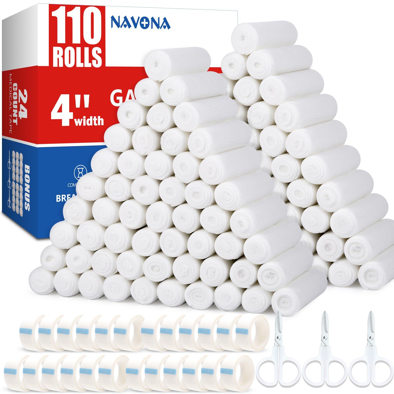 Navona 110 Pack Gauze Rolls Bandages, 4 in x 4.1 Yards, Individually Wrapped Breathable Rolled Gauze, Mummy Wraps, Premium First Aid Supplies & Medical Supplies for Wounds