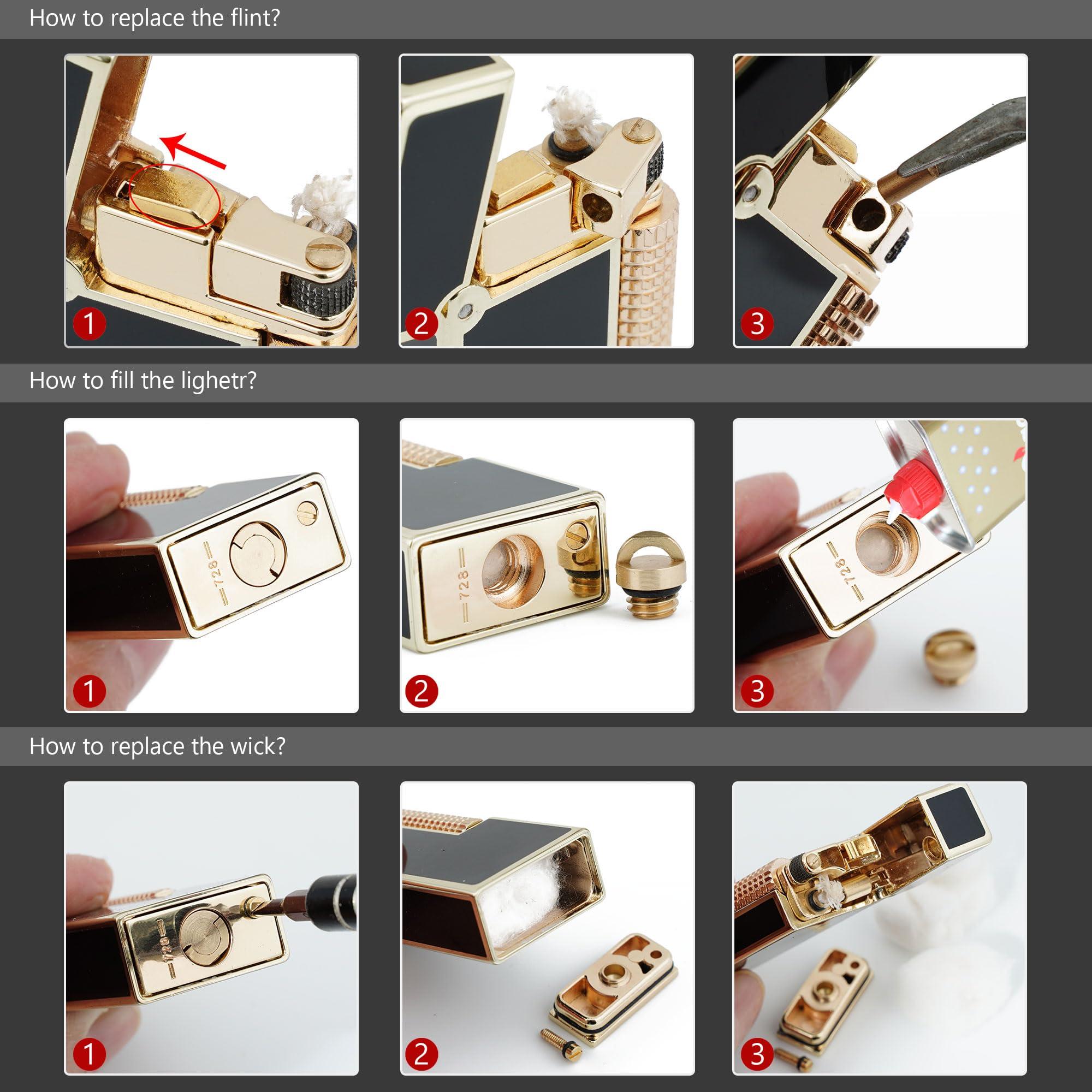 RUIXI Antique Type Classic Soft Flame Kerosene Lighter Fluid Refillable Lighter, Gifts for Men (Gold Black)