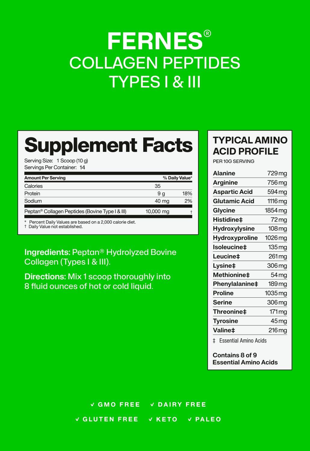 Fernes Hydrolyzed Collagen Peptides Supplement for Women & Men - Joint, Hair, Skin & Nails Support - Grass Fed Type I & III - Keto, Paleo - 14 Servings, 4.9 oz, Unflavored Powder