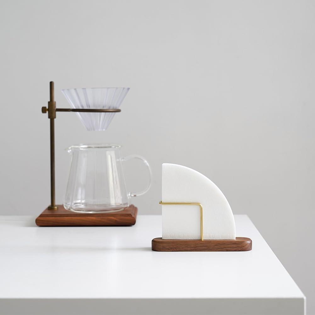 watchget watchget Cone Coffee Filter Holder Walnut & Brass Coffee Filter Storage Container Coffee Filter Stand for #01 and #02 Size V60 Cone Paper Coffee Filters