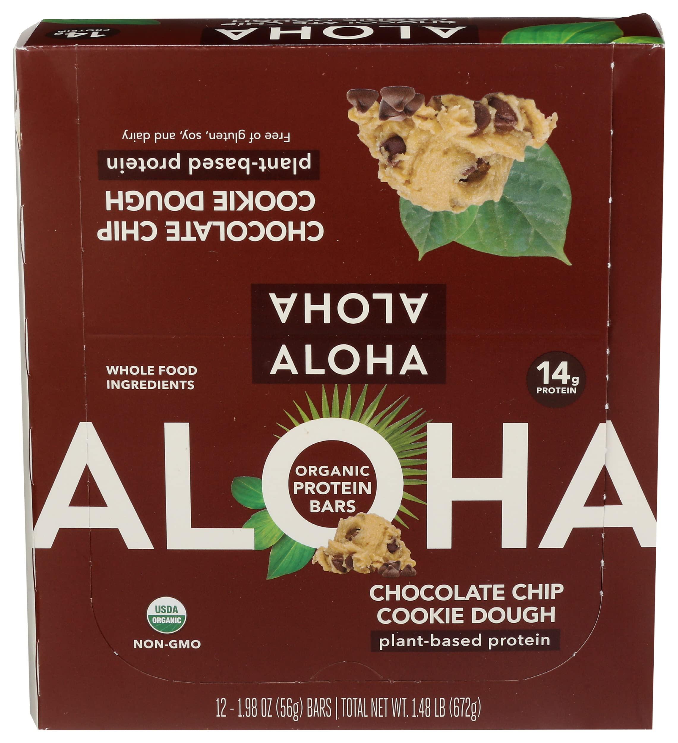 ALOHA Aloha Organic Chocolate Chip Cookie Dough Protein Bars, 14g Plant-Based Protein, USDA Certified Organic, Gluten Free & Non-GMO, 1.9 Oz (Pack of 12)