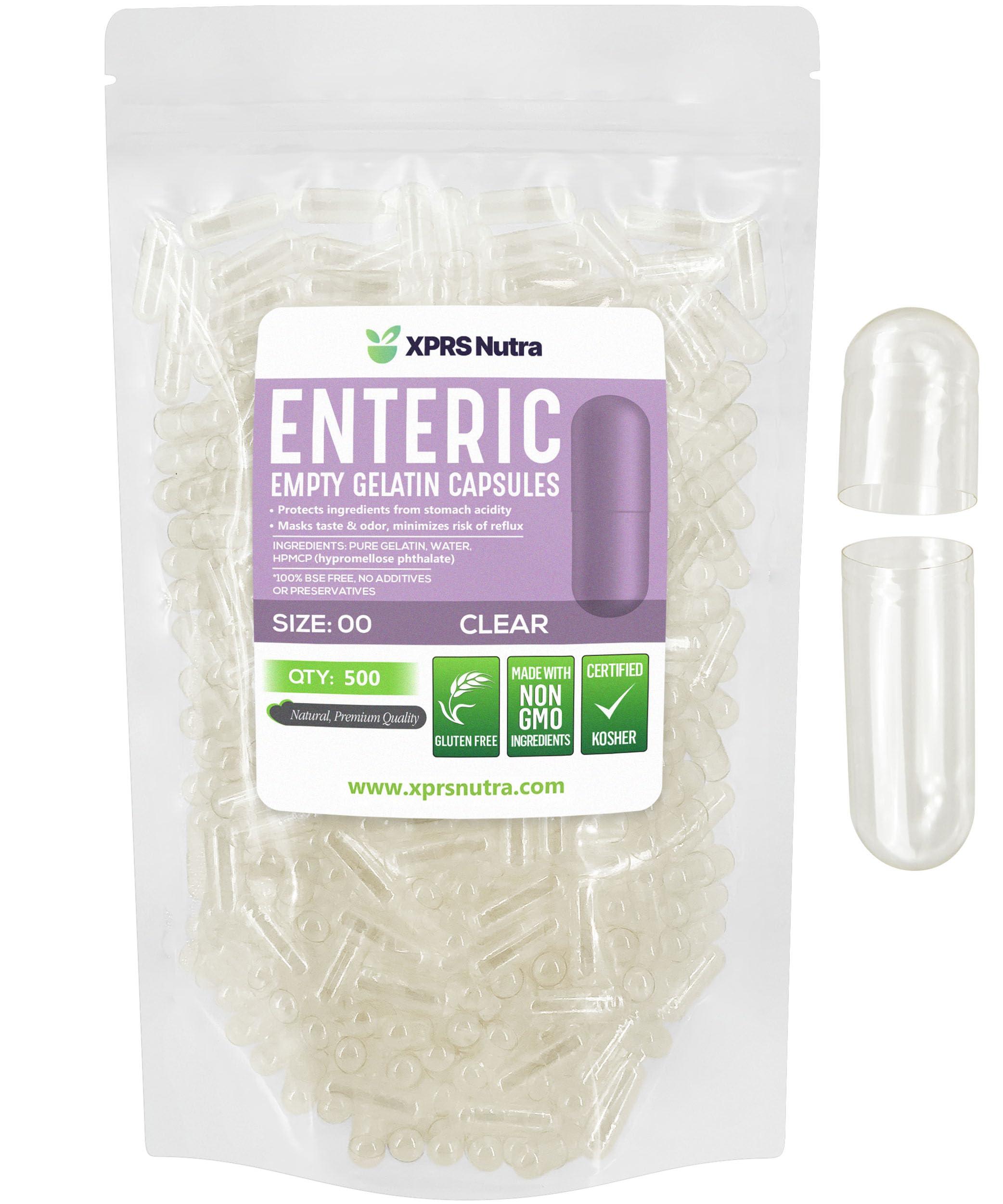 XPRS Nutra XPRS Nutra Size 00 Empty Capsules - 500 Count Clear Enteric Coated Empty Gelatin Capsules - Delayed Release Pill Capsules - DIY Capsule Filling - Pure Bovine Empty Enteric Capsules Gel Caps
