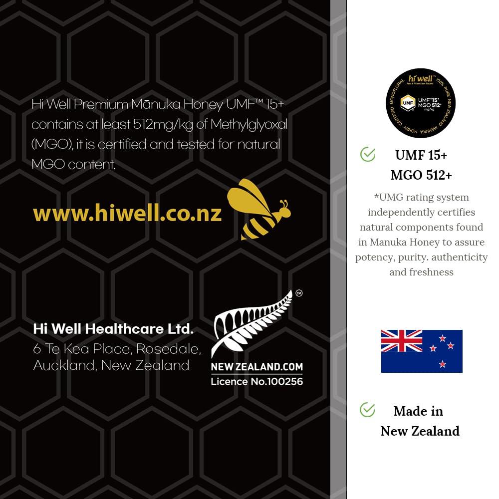 HI WELL PURE & NATURAL NEW ZEALAND Hi Well Premium Manuka Honey Certified Monofloral UMF 15+ MGO 515+ 250g