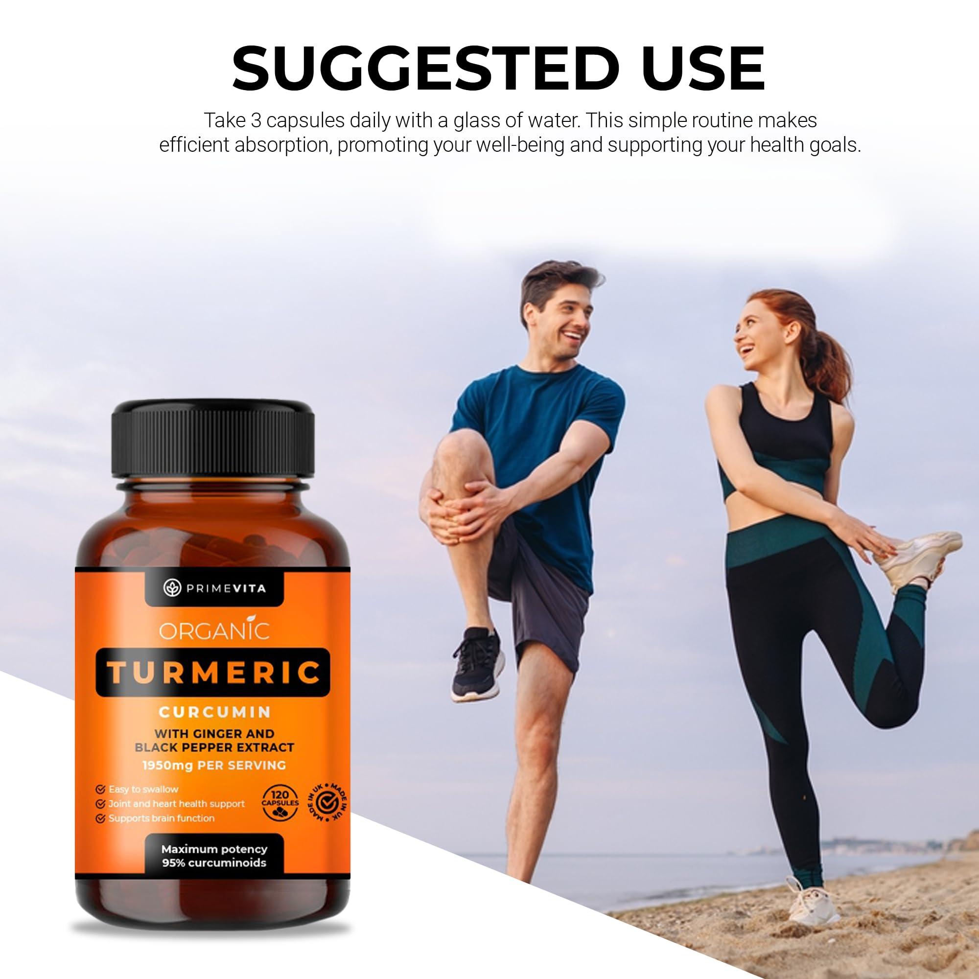 PRIMEVITA PRIMEVITA Organic Turmeric Curcumin 1950mg with Black Pepper, Ginger Supplement - 95% Standardized Curcuminoids - Turmeric Capsules, Natural Skin, Joint Support - Halal, Kosher, Vegan, 120 Capsules