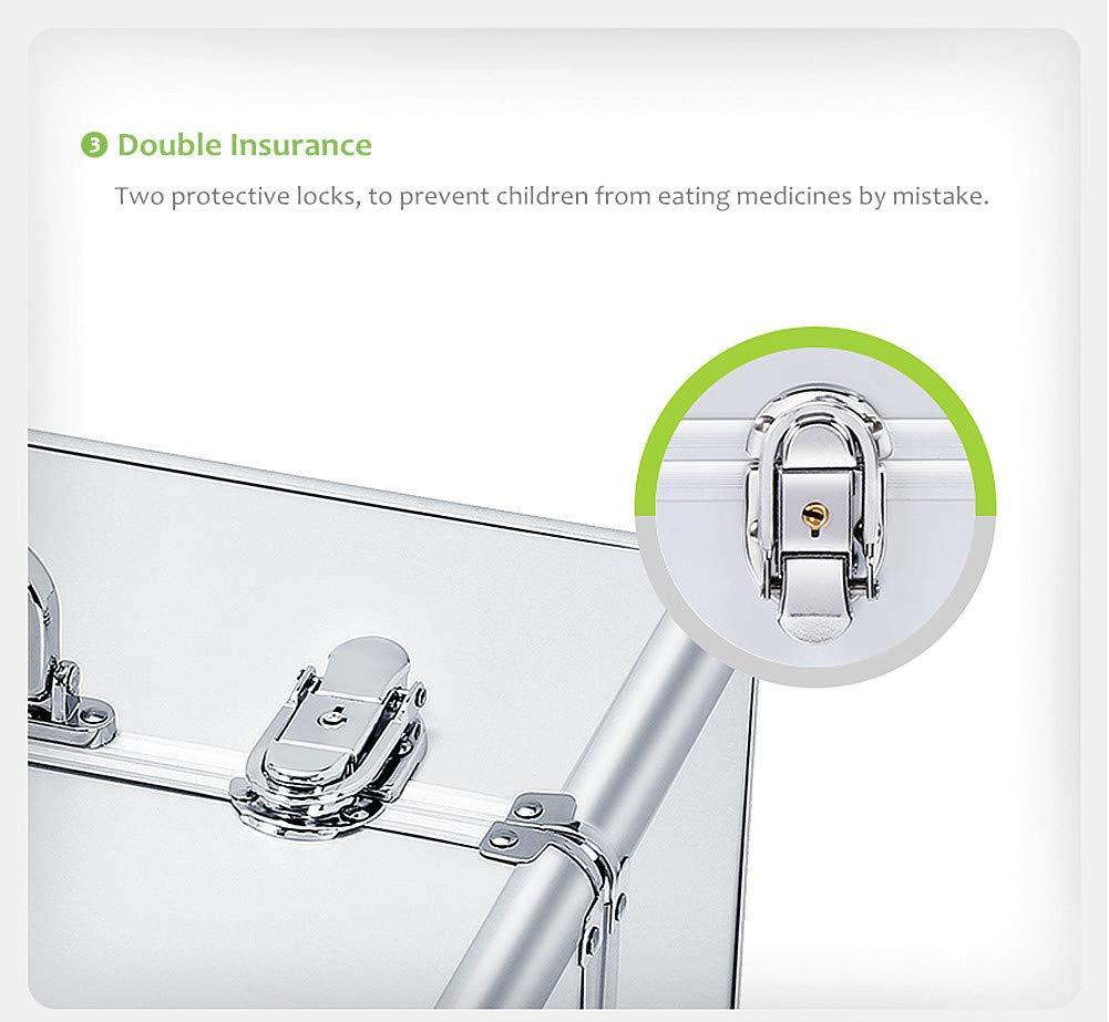 Nurth Medicine Box Nurth First Aid Kit Lockable First Aid Box Security Lock Medicine Storage Box with Portable Handle,Medication Lock Box 3 Tier Design/Precription Storage Box Large Space 14 × 9.8 × 11inch (Silver)