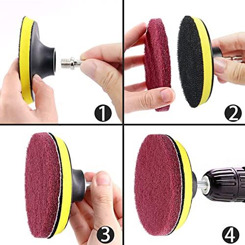 GOH DODD Power Scrub Pads Drill Attachment, GOH DODD 15 Pieces 5 Inch Headlight Restoration Kit Cleaning Kit Scouring Pads with Baker and Universal Shaft for Kitchen, Bathroom, Grout, Carpet, Tub, Grill, Tile
