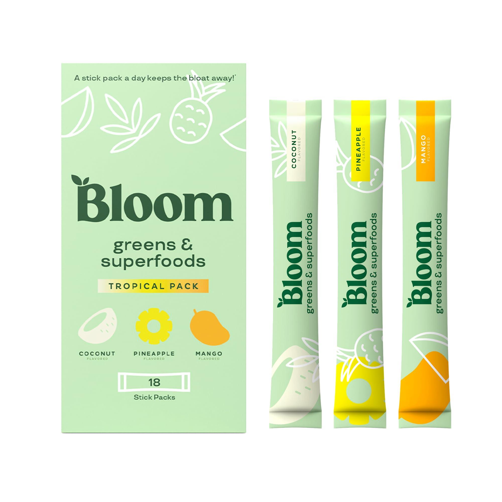 Bloom Nutrition Bloom Nutrition Superfood Greens Powder Stick Packs, Digestive Enzymes with Probiotics and Prebiotics, Gut Health, Bloating Relief for Women, Chlorella, Green Juice Mix, 18 SVG, Tropical Variety