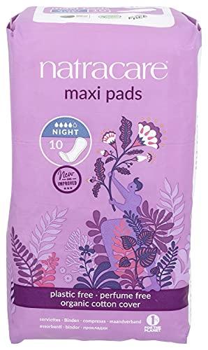 NATRACARE Natracare Natural Traditional Style Night Time Maxi Pads, Individually Wrapped, Without Wings in Plant-Based Bag (1 Pack, 10 Pads Total)