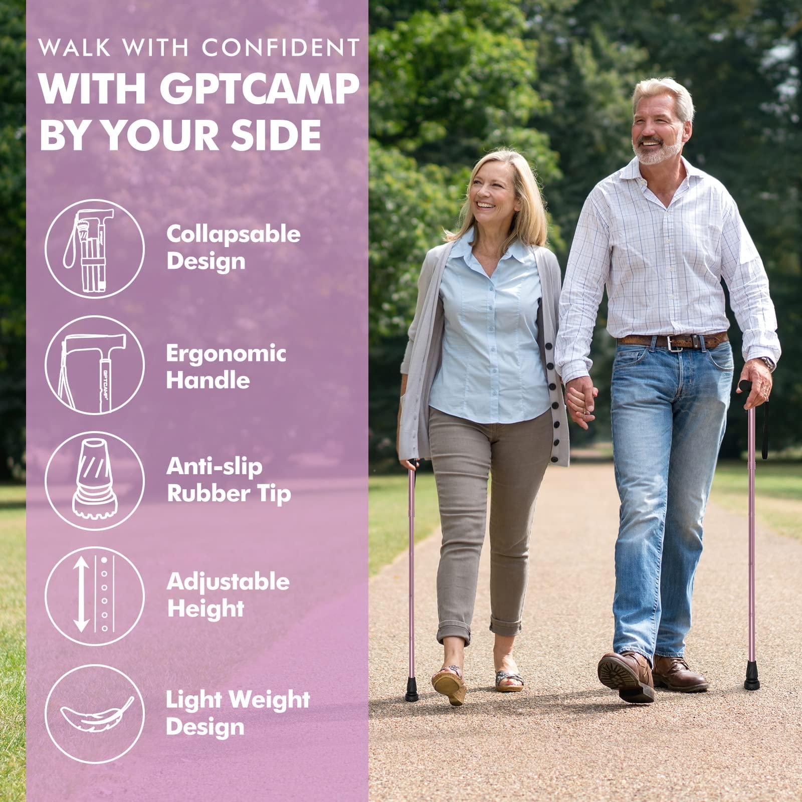 GPTCAMP GPTCAMP G2 Walking Stick, Fold-up Walking Cane for Women and Men with Wrist Strap, Portable, Foldable, Collapsible, Lightweight and Sturdy with Comfortable T Handle