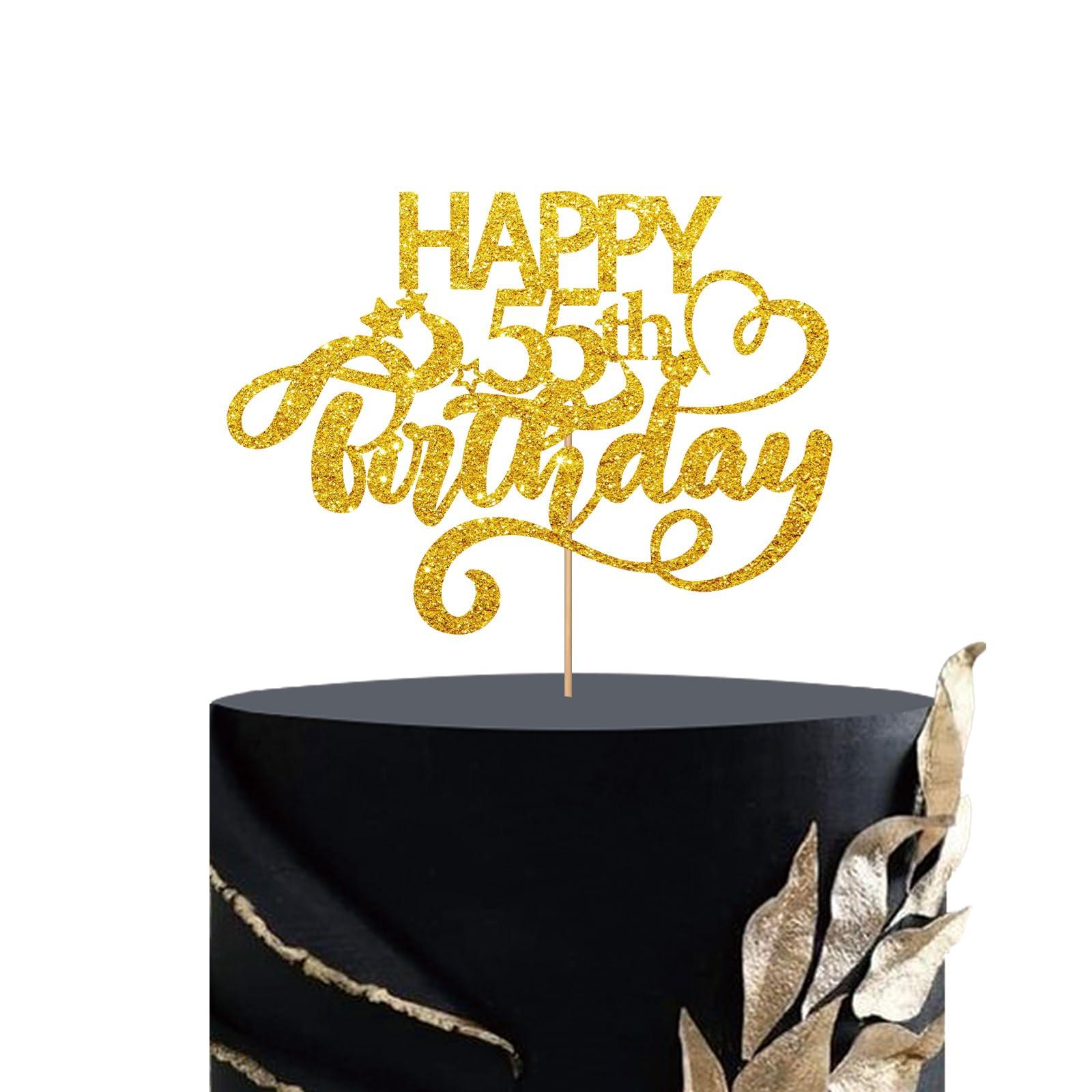 MINUET MINUTE Gold Glitter Happy 55th Birthday Cake Topper, Fifty Five Years Old Birthday Party Cake Decor, Gold Number 55 Birthday Party Supplies Decorations for Men or Women