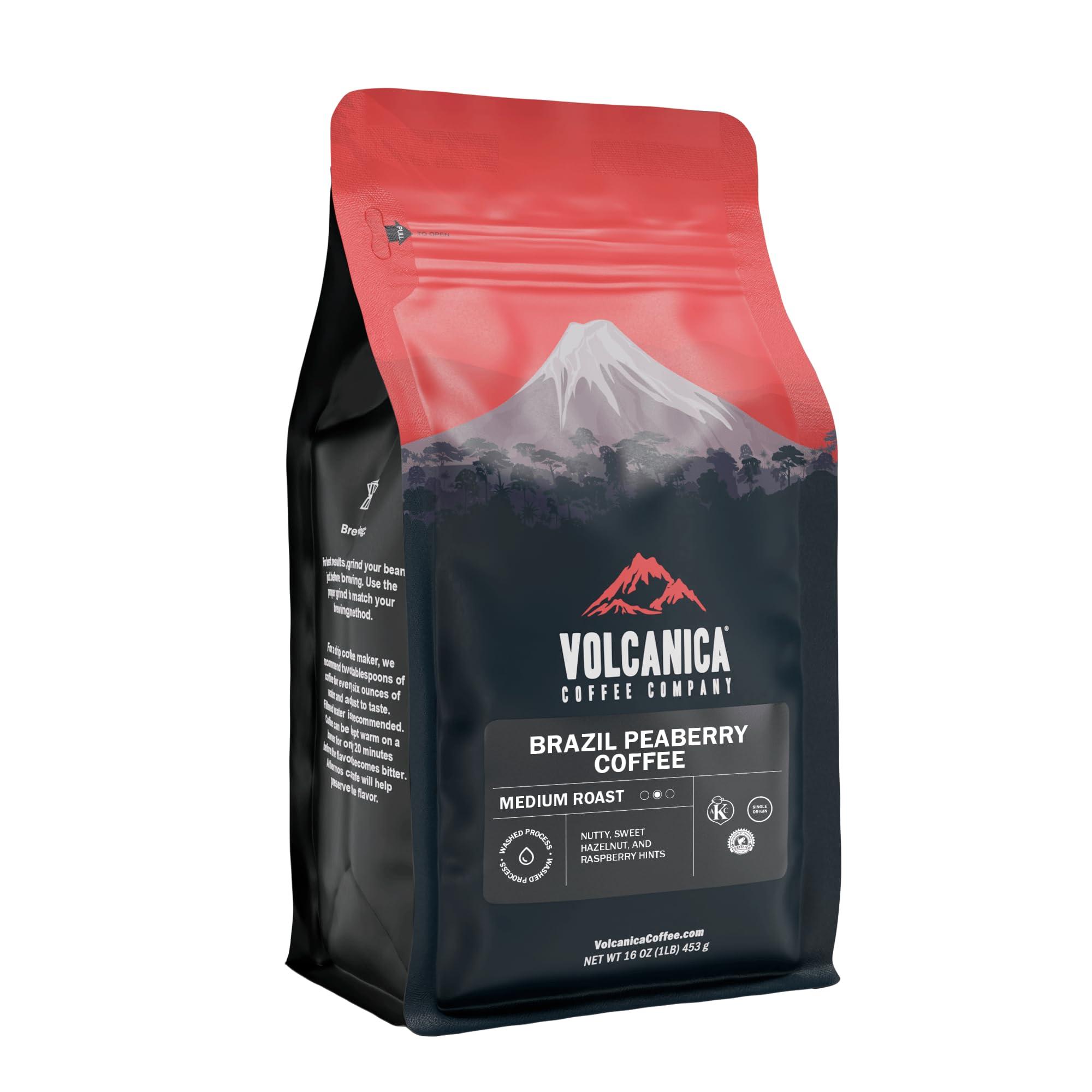 Volcanica Coffee Brazil Peaberry Coffee, Ground, Naturally Low Acid, Fresh Roasted, 16-ounce