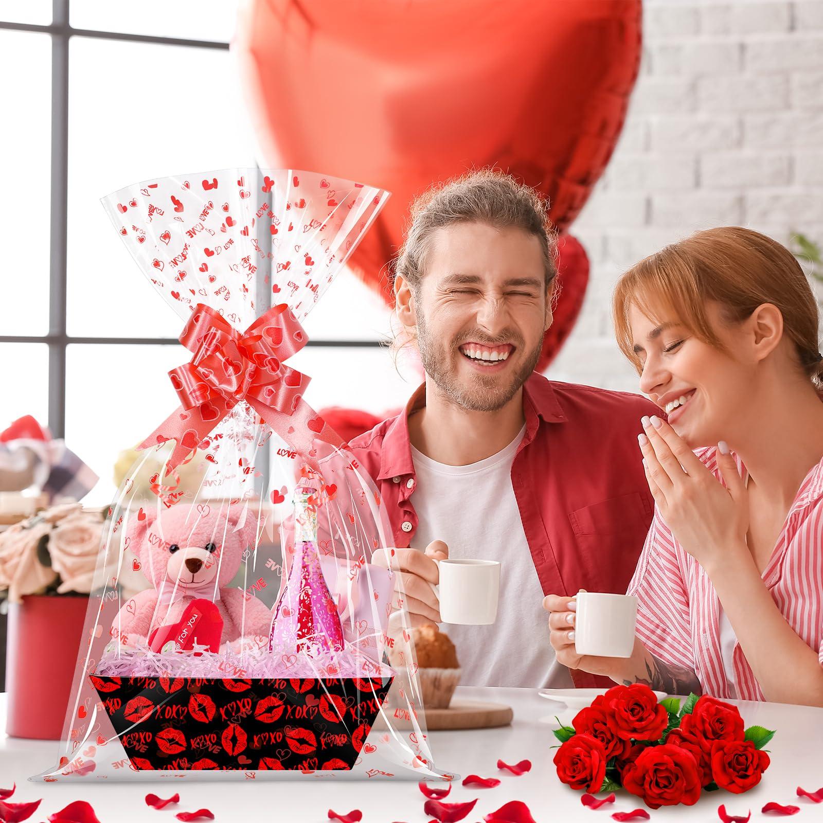 Hallswl 12 Set Valentines Day Empty Gifts Baskets Bulk with Cellophane Basket Bags and Bows Ribbons,Love Heart Market Tray Cardboard Gift Basket Empty to Fill for Valentine\'s Day Birthday Wedding Decor