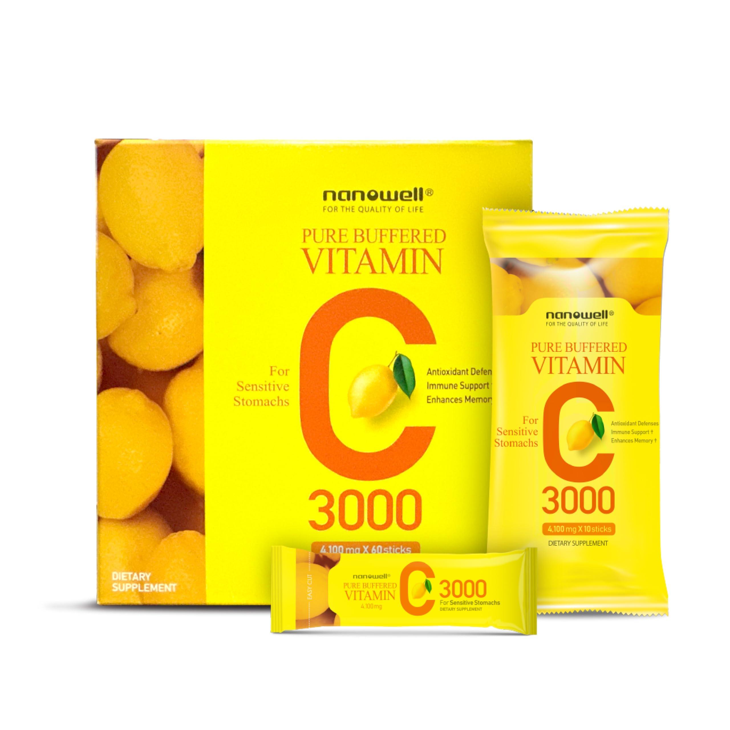 NANOWELL NANOWELL Pure Buffered Vitamin C Powder 3000mg per Serving, Dietary Supplement for Immune Support - 60 Sticks, 60 Day Supply