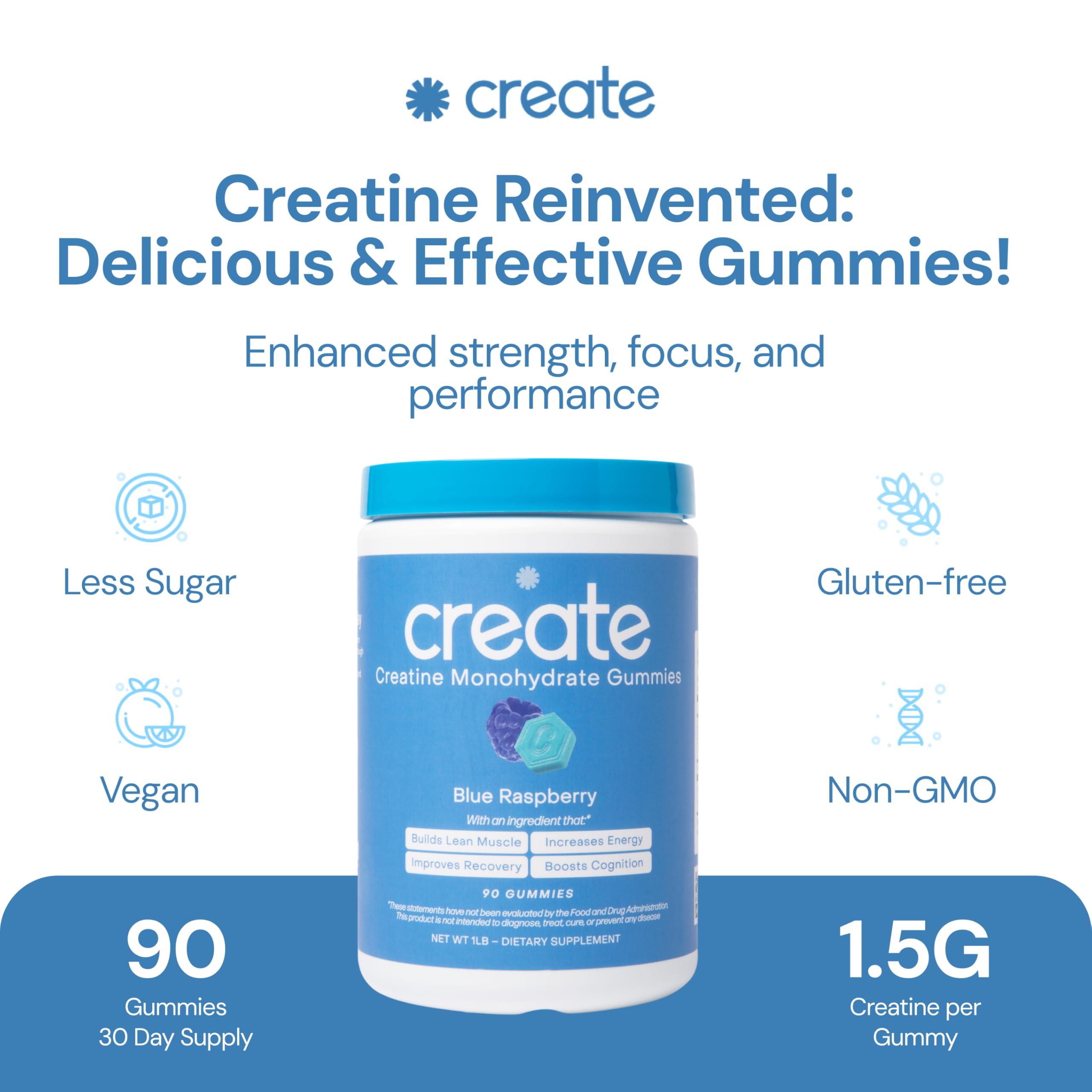 Create Create Creatine Monohydrate Gummies for Men & Women, Boost Focus, Strength, and Endurance, Anti-Melting Formula, Vegan, Gluten-Free, Non-GMO, 1.5g of Creatine per Gummy (Blue Raspberry, 90ct)