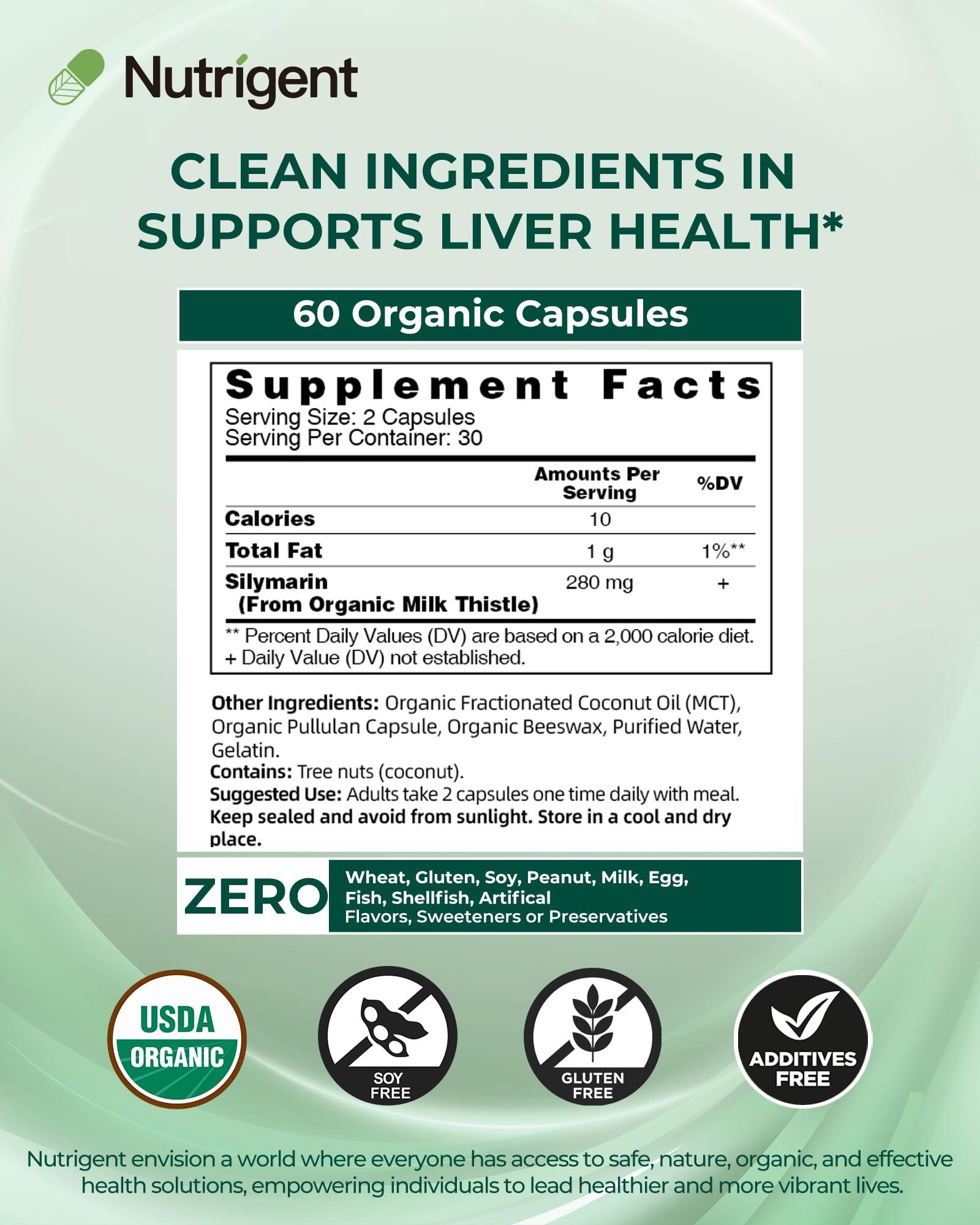 Nutrigent Nutrigent USDA Organic Milk Thistle Supplement 25:1 Extract, 8750 mg Strength, Silymarin Supplement 280 mg, Liquid Organic Capsules, Liver Health & Detox Support, Non-GMO, 60 Count