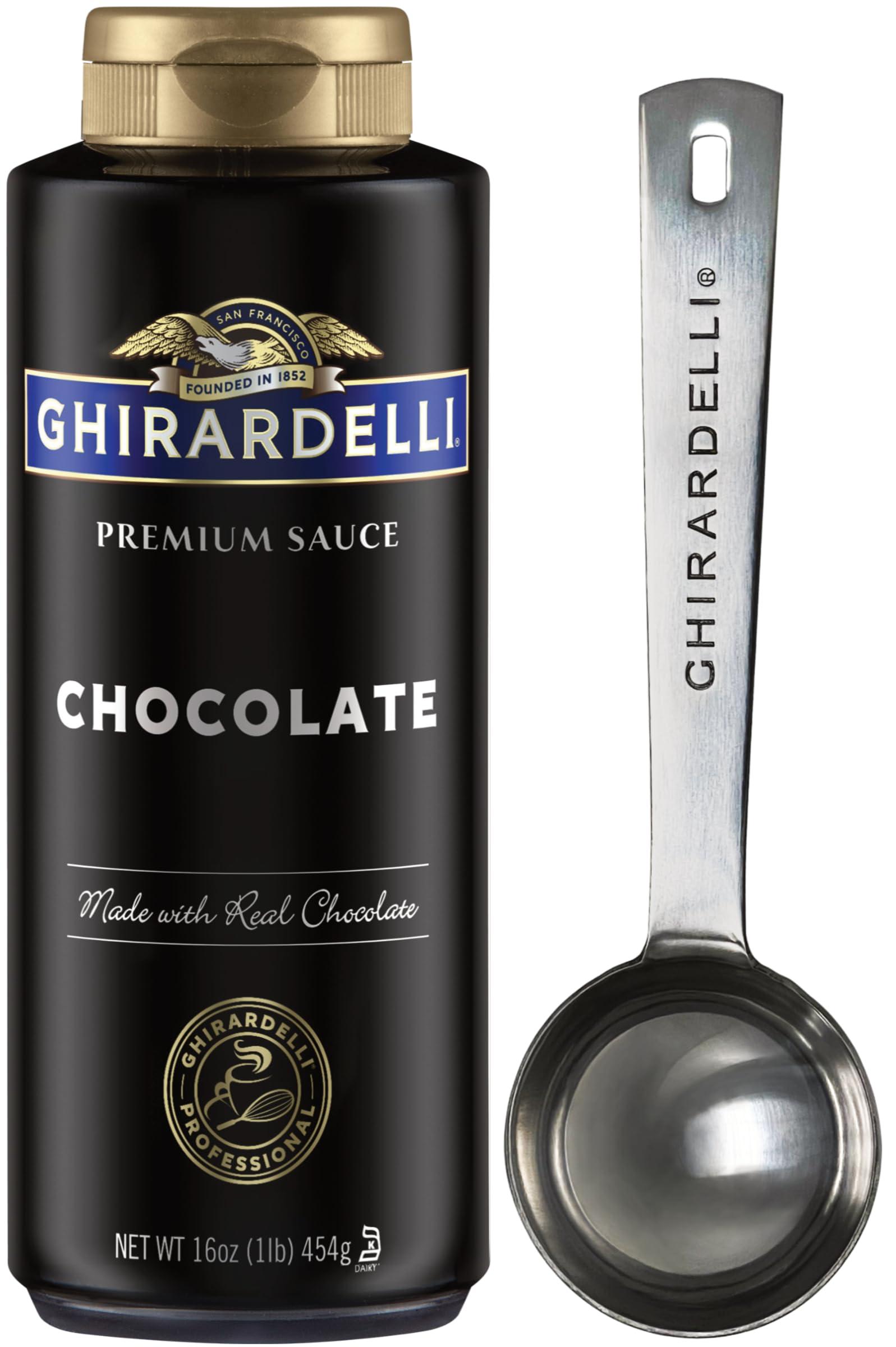 By The Cup Ghirardelli Chocolate Sauce, 16 Ounce Squeeze Bottle with Ghirardelli Stamped Barista Spoon