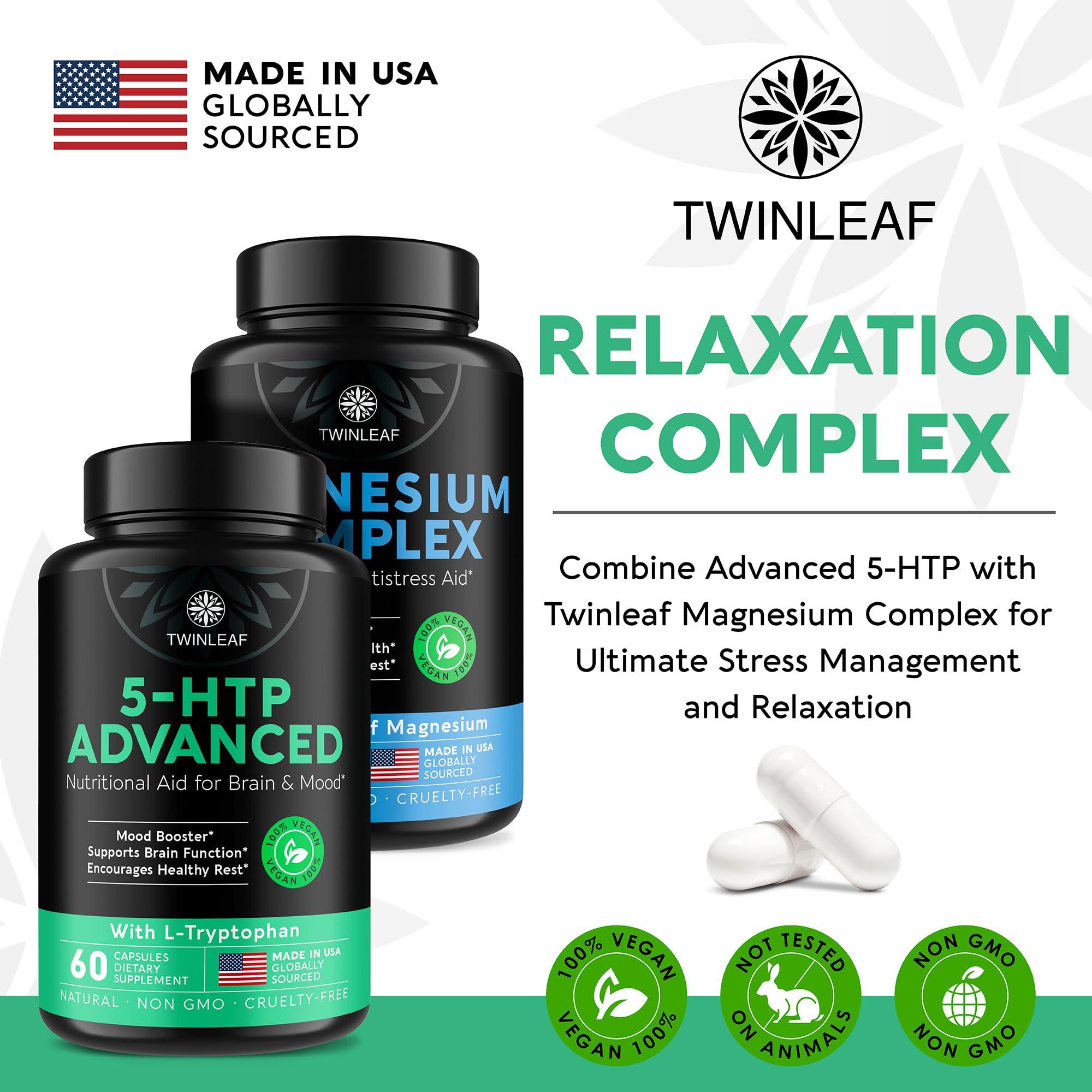 TWINLEAF TWINLEAF 5 HTP Supplement for Mood Support - Made in USA - Natural 5-HTP & L-tryptophan Capsules - 5-HTP Booster for Men & Women - Proprietary Formula for Mood and Relaxation - 60 Vegan Capsules