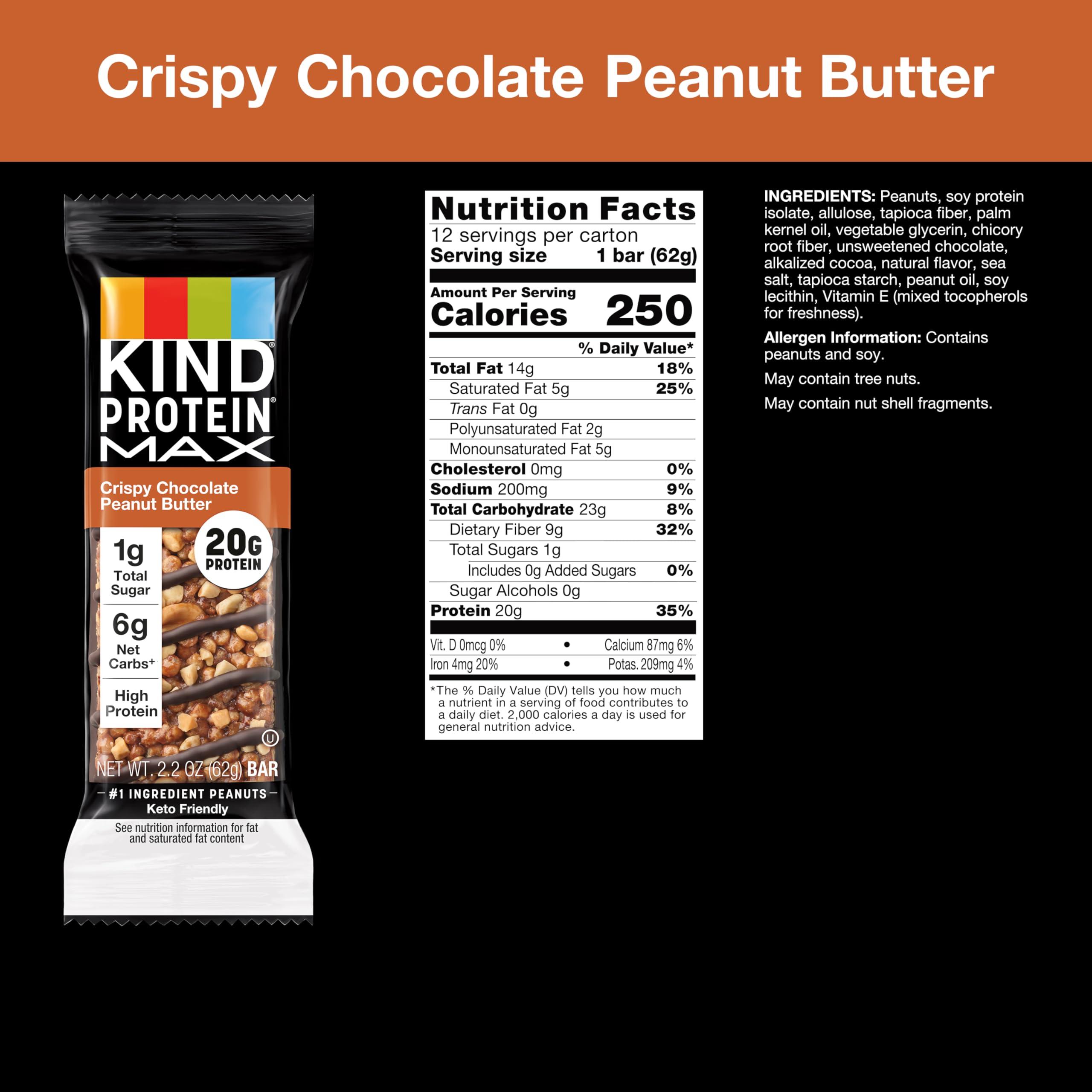 KIND KIND Protein MAX Crispy Chocolate Peanut Butter Snack Bars, 20g of Protein, Keto Friendly, 1g of Sugar Per Bar, Gluten Free, 12 Count Box