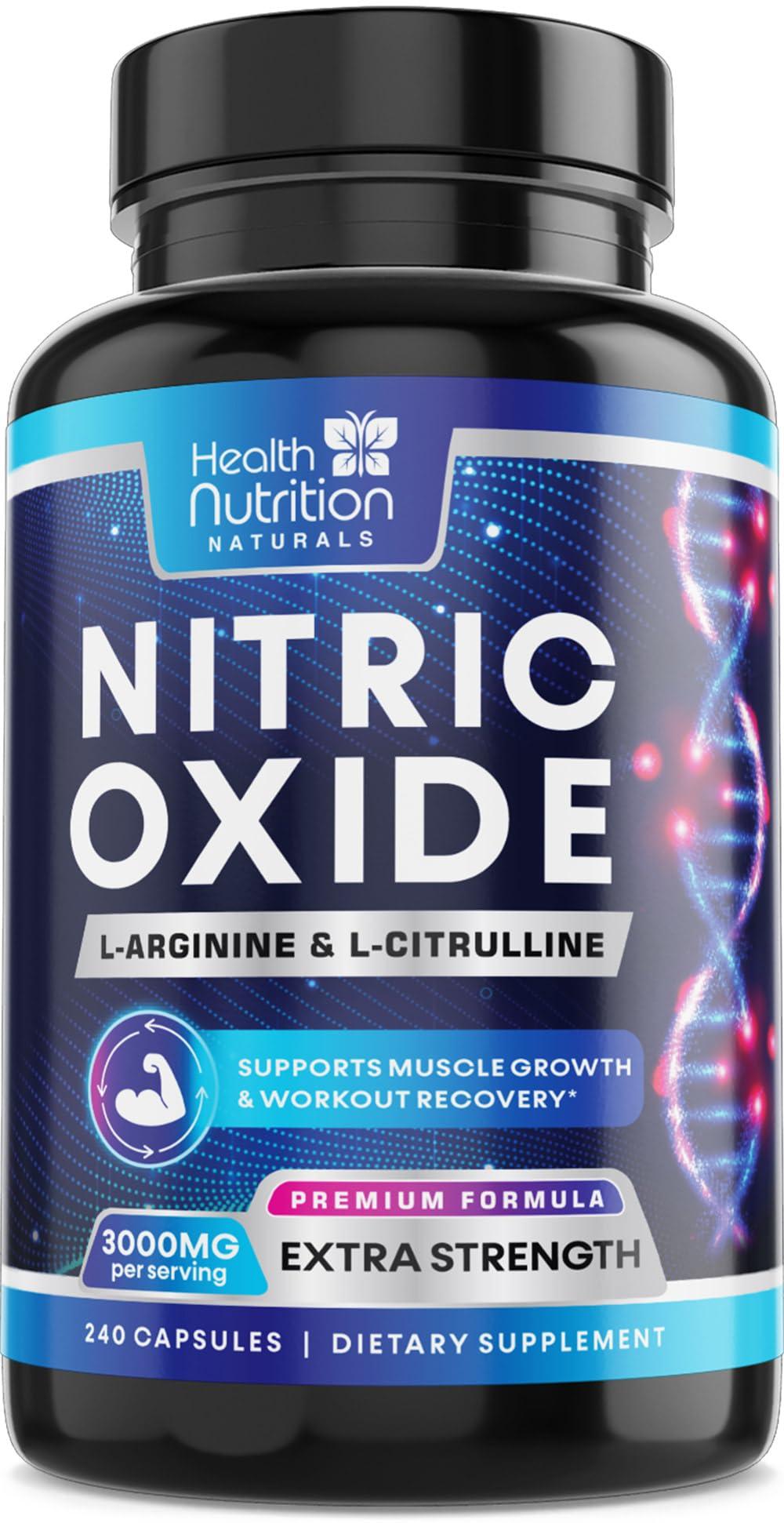 Health Nutrition Naturals Extra Strength Nitric Oxide Supplement L Arginine 3X Strength - Citrulline Malate, AAKG, Beta Alanine - Premium Muscle Supporting Nitric Booster for Energy & Strength to Train Harder - 240 Capsules