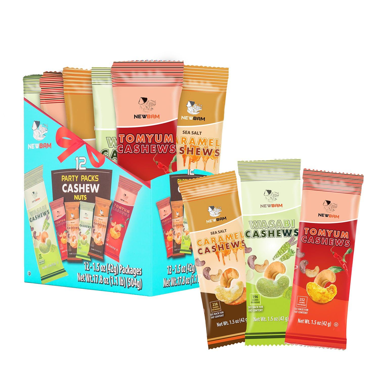 NEWBAM NEWBAM Mix Cashews Variety Packs (Wasabi, Tom Yum, Sea Salt Caramel) - 12 Cashew Snack Packs Roasted Nuts (1.5oz Each) Keto, Vegan, Gluten-Free - Healthy Snacks for Trail Mix, Office, or Party