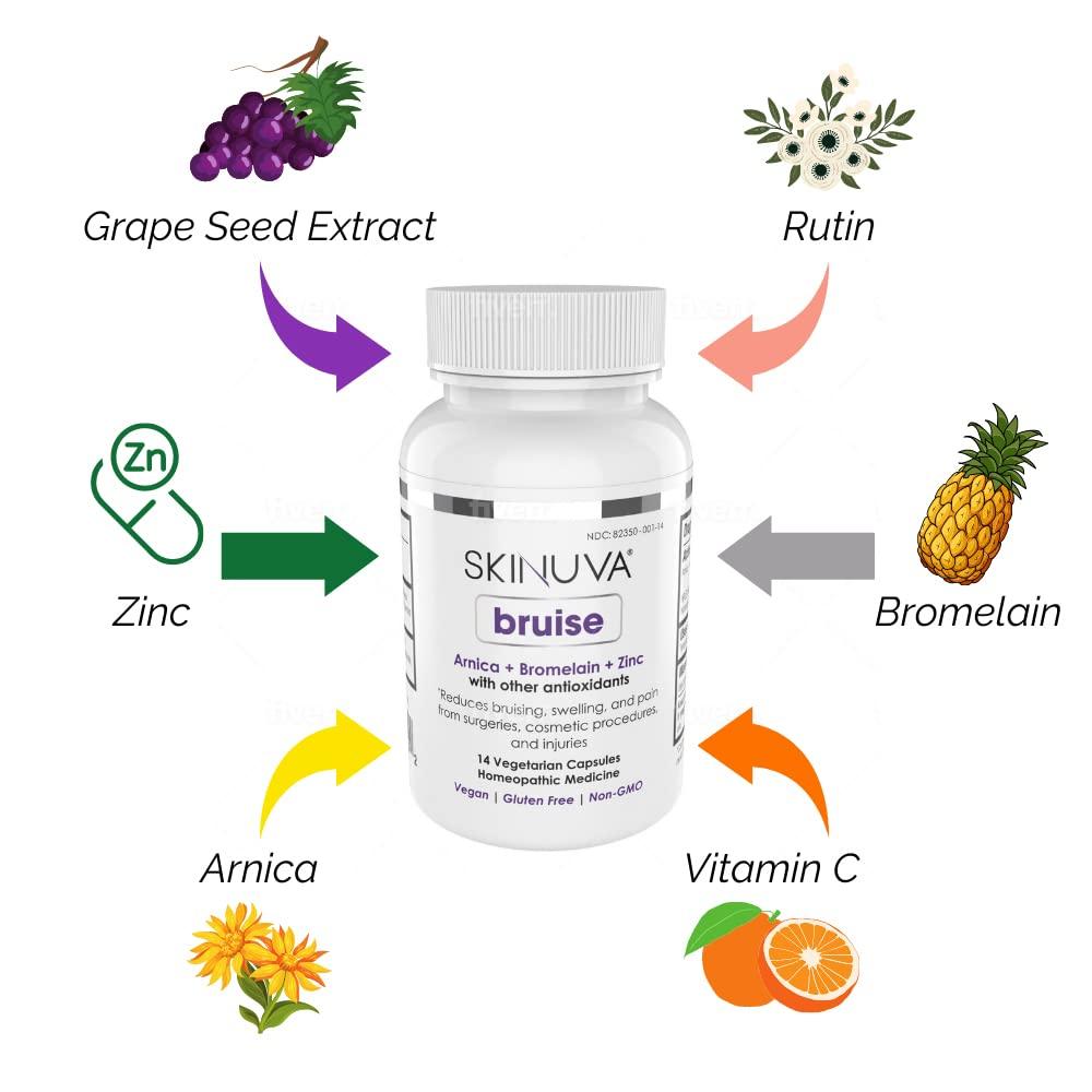 Skinuva Skinuva Next Generation Scar Cream (1 oz) + Skinuva Bruise (14 Capsules) | Advanced Scar Removal + Arnica + Bromelain + Zinc Supplement for Bruising and Swelling, Homeopathic Bruise Remedy