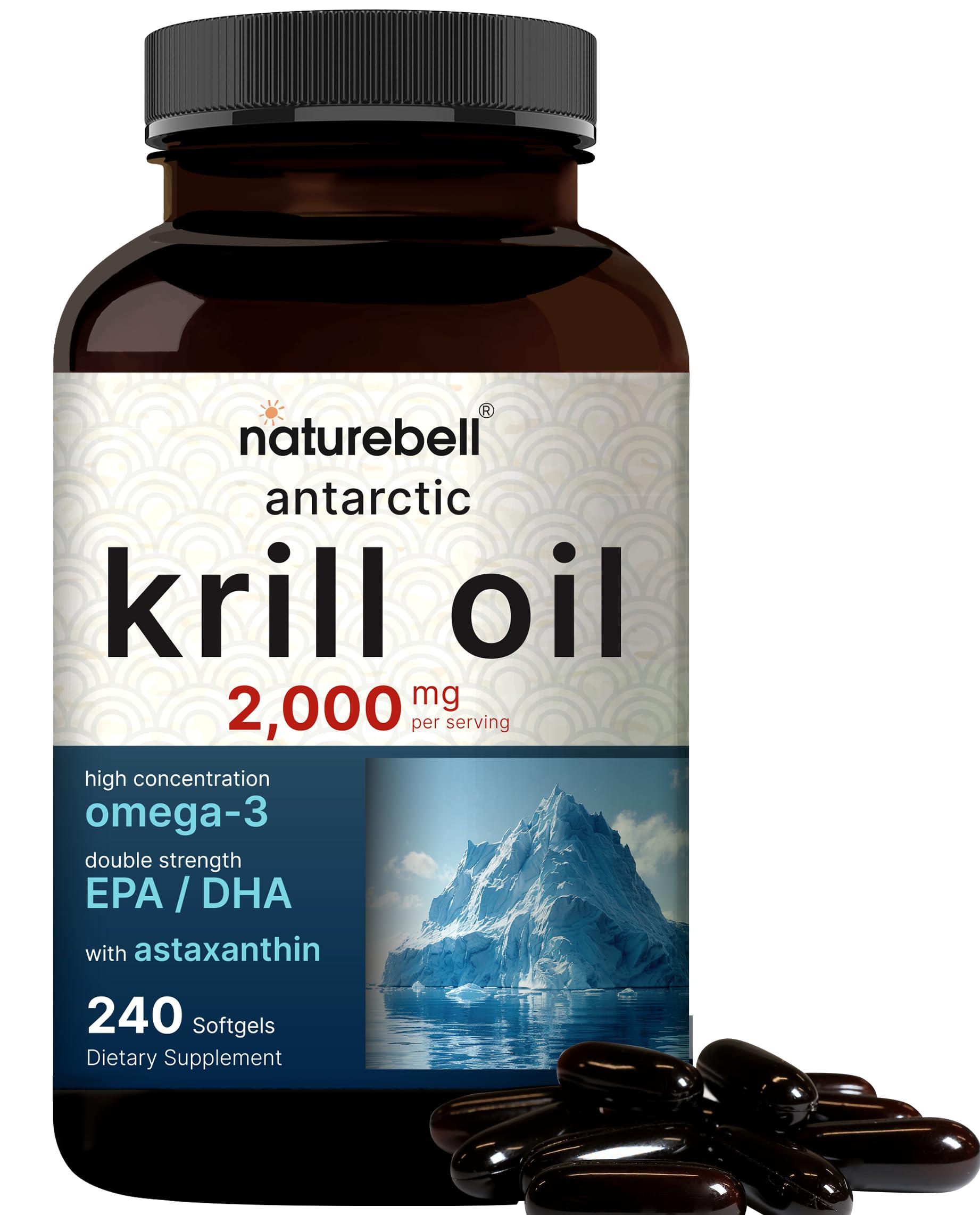 NatureBell Antarctic Krill Oil 2000mg Supplement, 240 Softgels, 3X Strength Natural Source of Omega-3s, EPA 240mg + DHA 160mg + Astaxanthin 800mcg No Fishy Aftertaste Mercury Free & Non-GMO