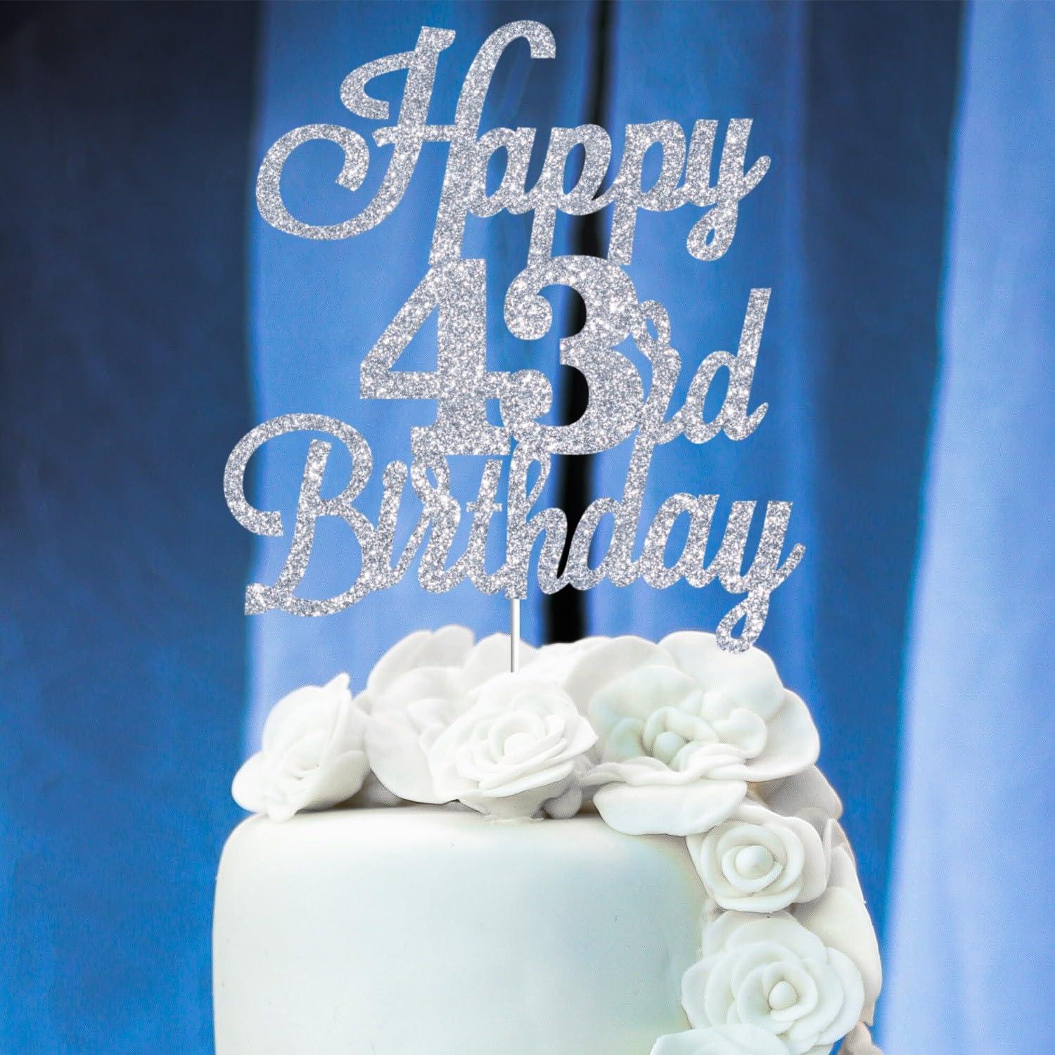 JUTTIRA Happy 43rd Birthday Cake Toppers Silver Glitter, Cheers to 43 Years Old Bday Decoration 43rd Anniversary Cake Topper, Forty-three Theme Cake Decorations for Birthday Anniversary Party