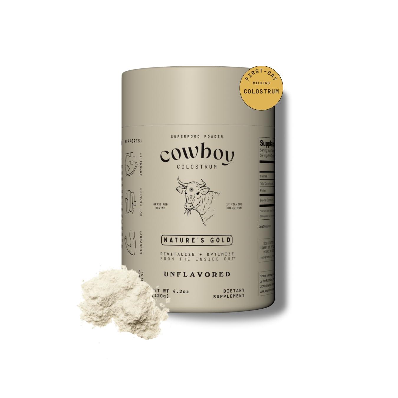 COWBOY COLOSTRUM COWBOY COLOSTRUM - Bovine Colostrum Powder - The Exclusive 1st Milking Whole Colostrum - Grass Fed Colostrum Supplement for Gut Health, Immunity, Skin & Hair. Non-GMO (Unflavored, 40 Servings)