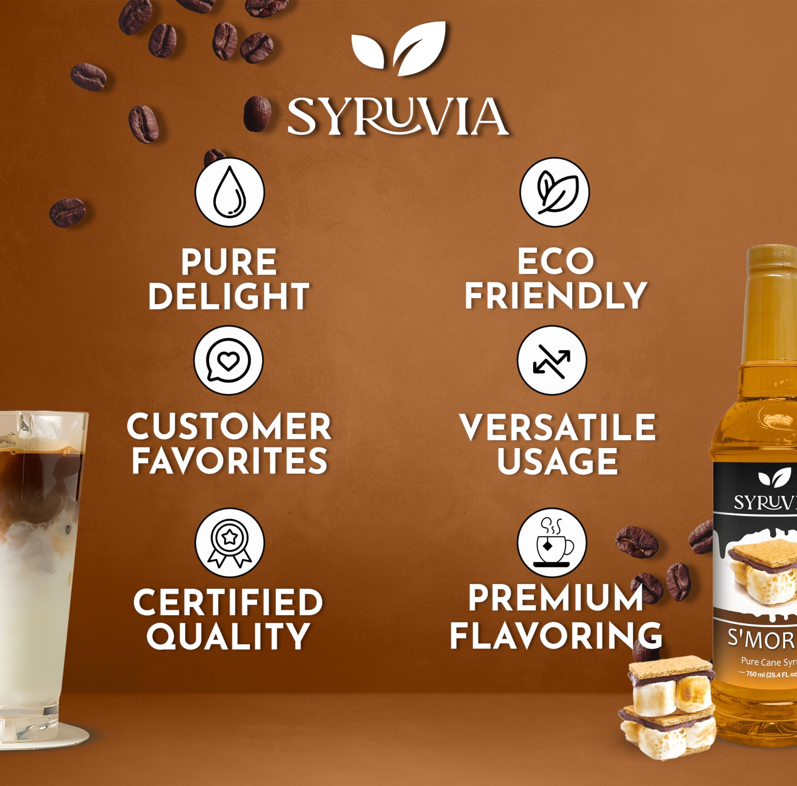SYRUVIA Syruvia Smores Syrup for Coffee - 25.4 fl oz. Sweet Coffee Flavoring Syrup. Kosher and Gluten-Free. Perfect for Lattes, Smoothies, Shakes, Drinks, Desserts, and More.